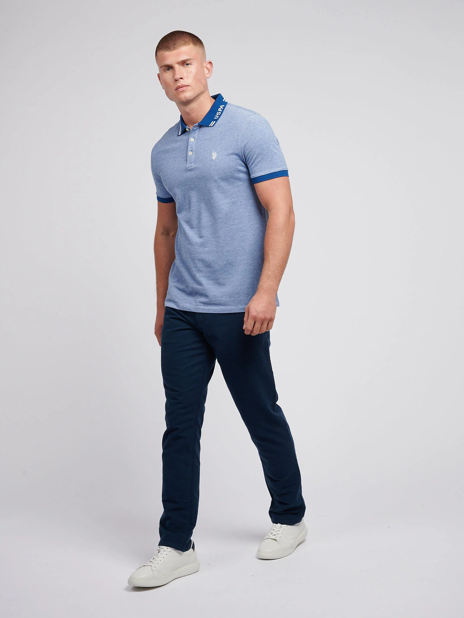 Mens Two Tone Pique Polo Shirt in Navy Peony - Image 3