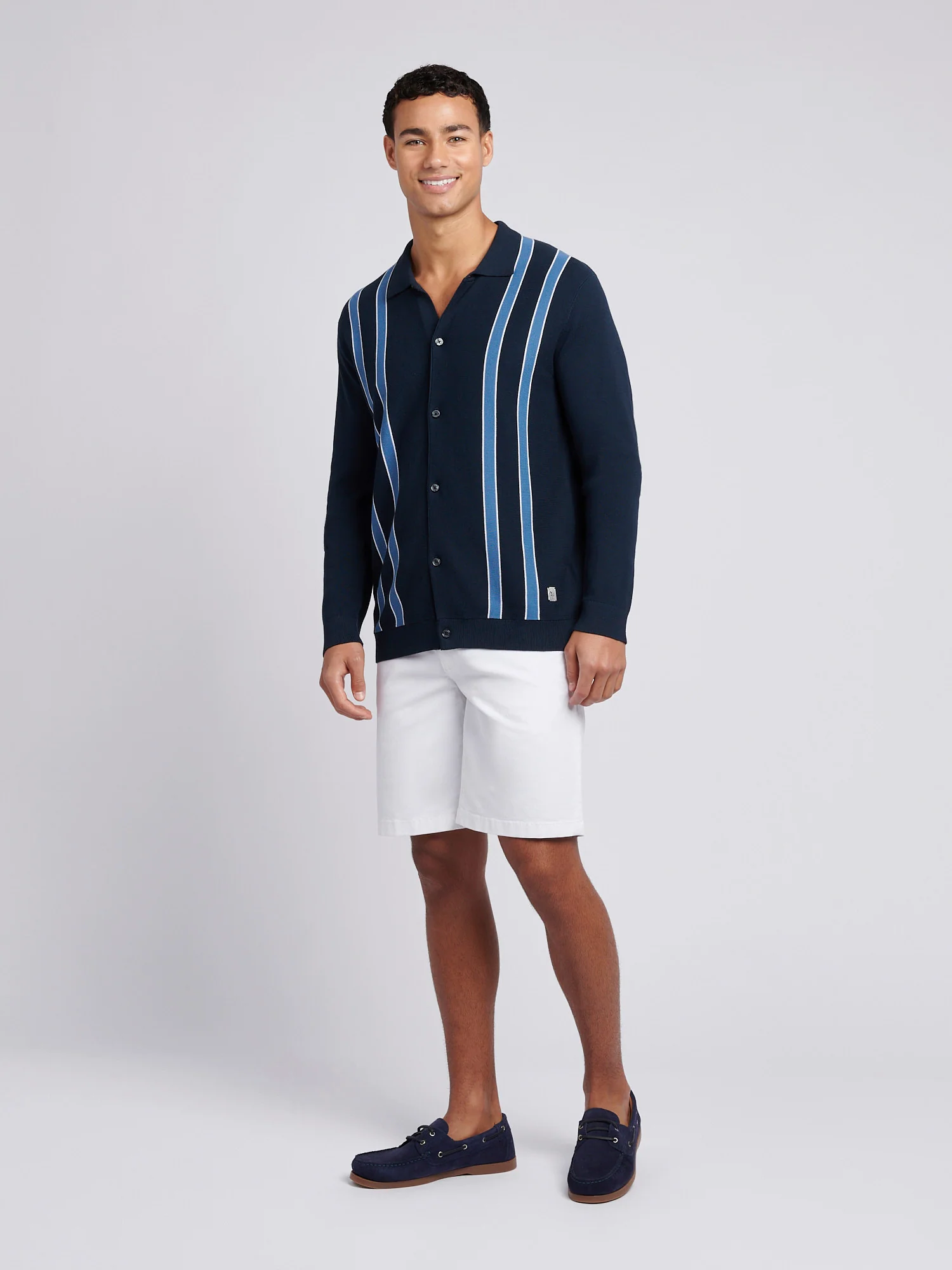 Mens Vertical Stripe Knit Cardigan in Dark Sapphire Navy - Image 3