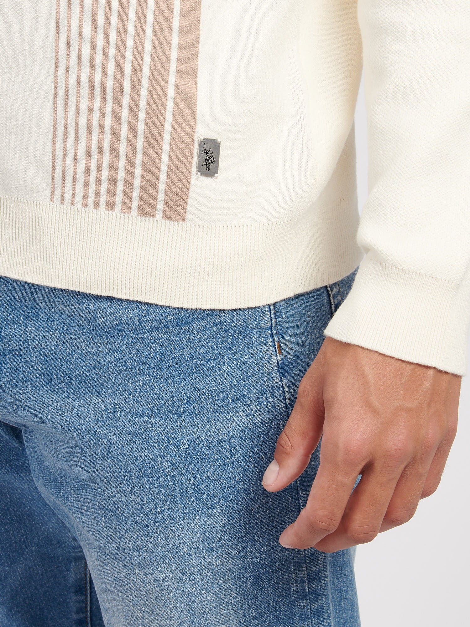 Mens Vertical Stripe Knit Long Sleeve Polo Shirt in Whisper White - Image 2