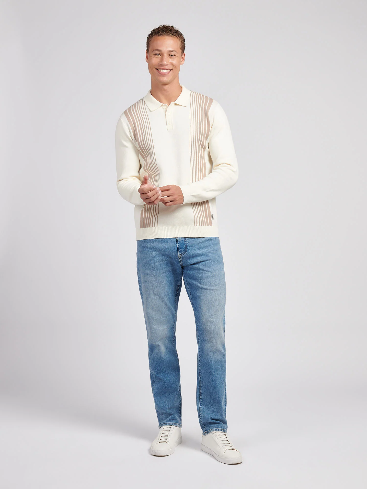 Mens Vertical Stripe Knit Long Sleeve Polo Shirt in Whisper White - Image 3