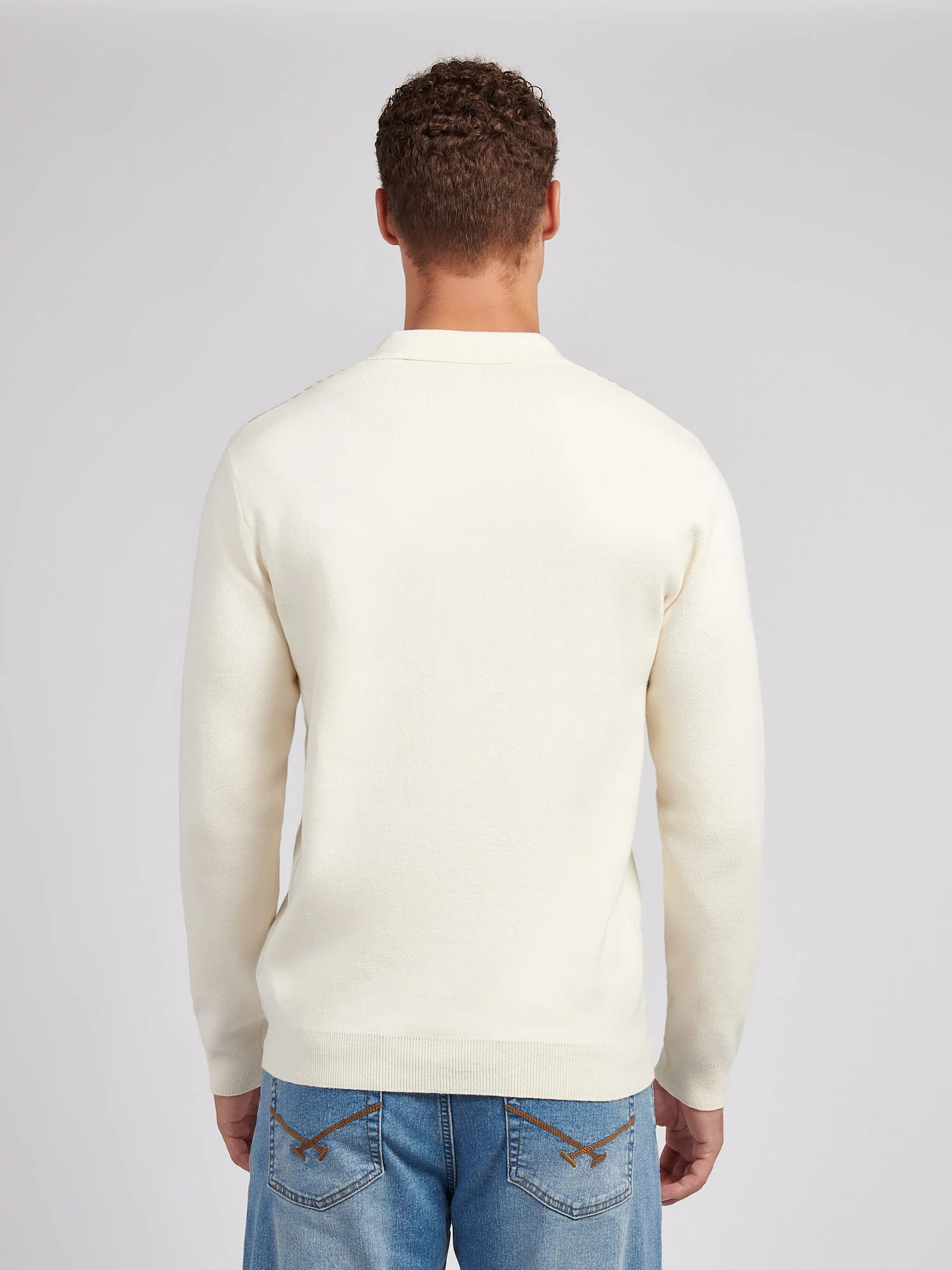Mens Vertical Stripe Knit Long Sleeve Polo Shirt in Whisper White - Image 4