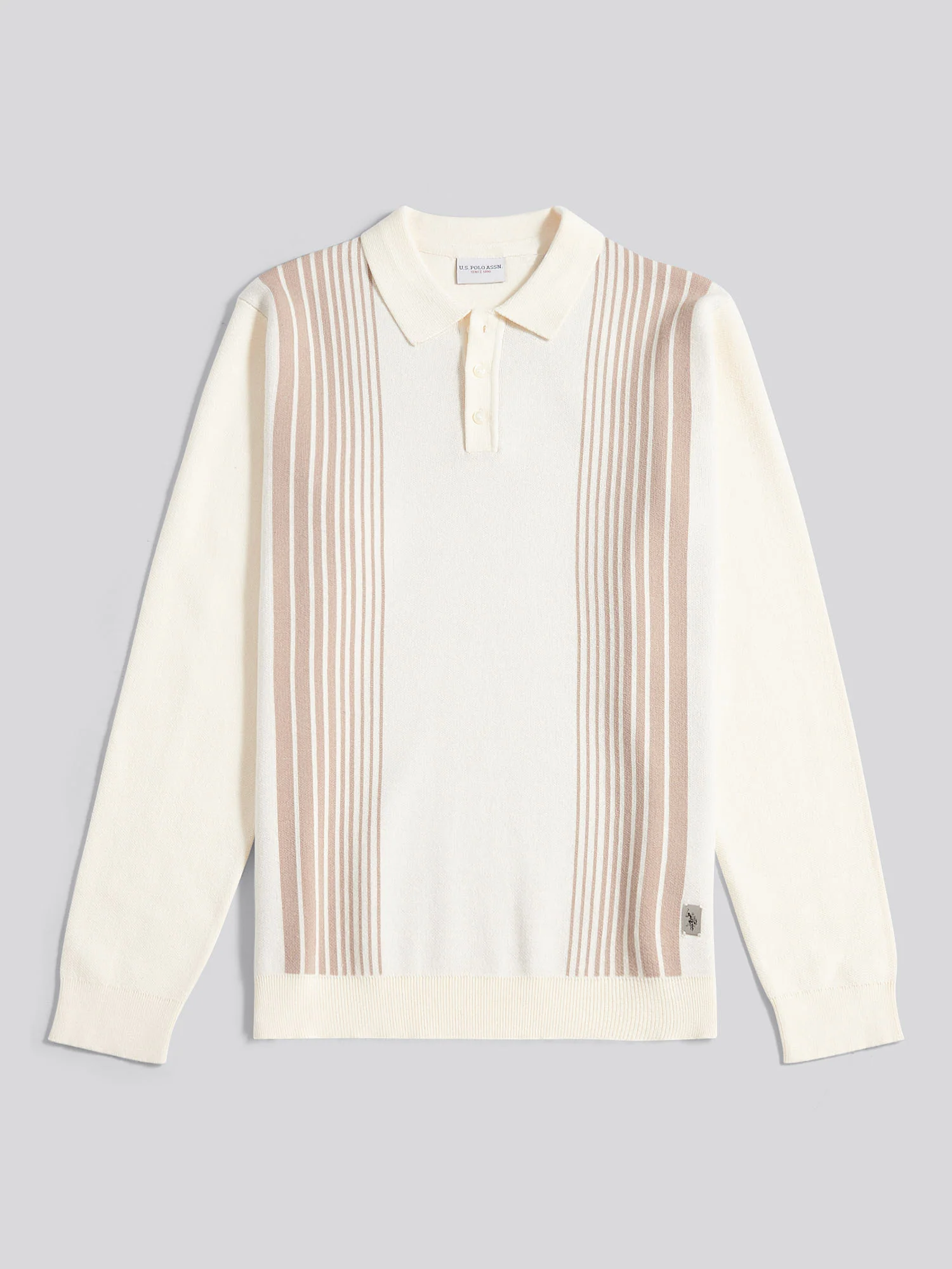 Mens Vertical Stripe Knit Long Sleeve Polo Shirt in Whisper White - Image 5
