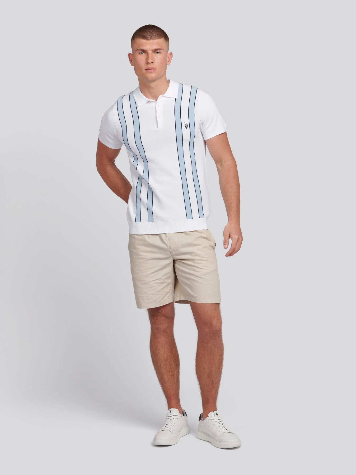 Mens Vertical Stripe Knit Polo Shirt in Bright White - Image 3