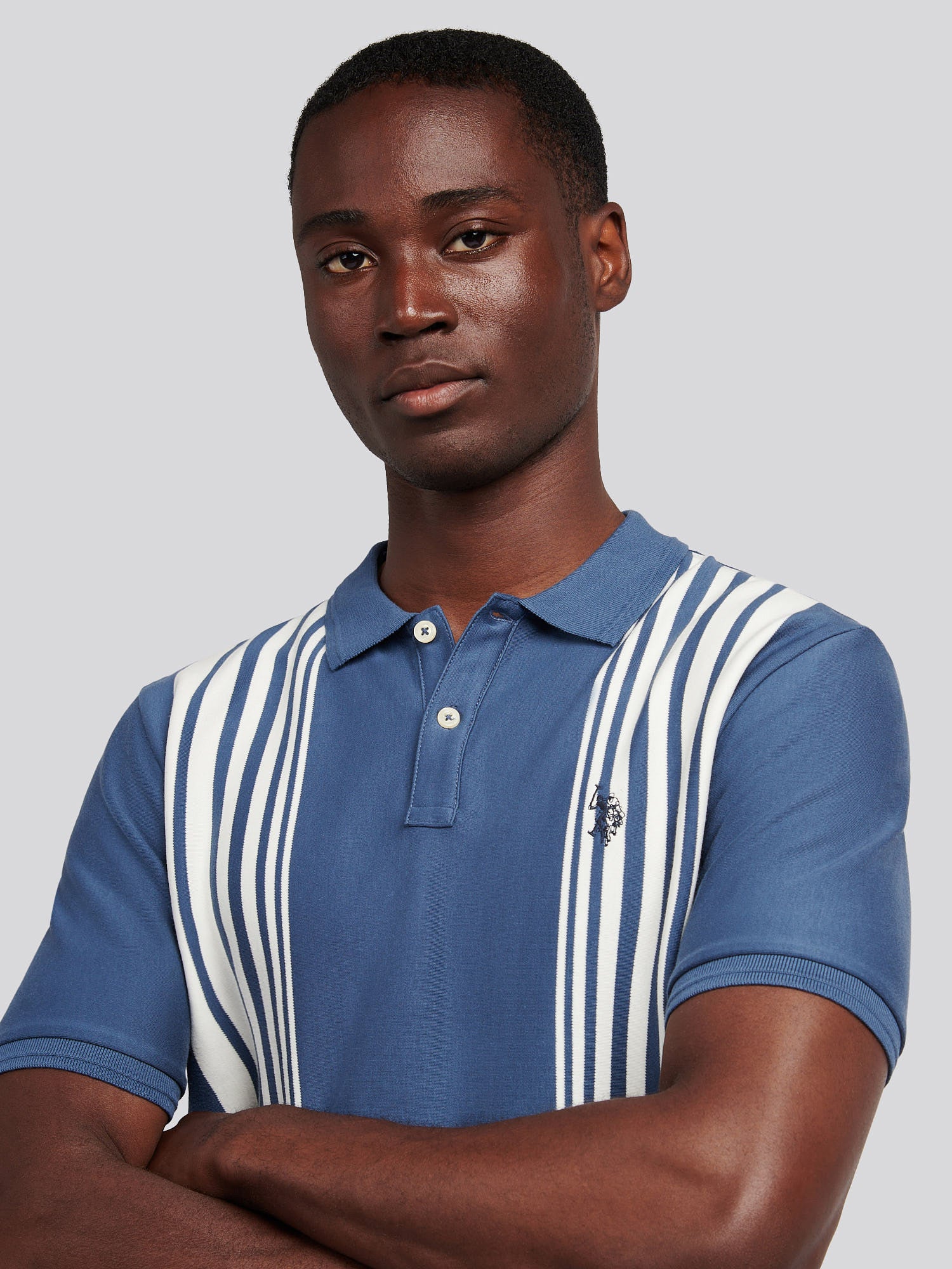 Mens Vertical Stripe Polo Shirt in Vintage Indigo - Image 2