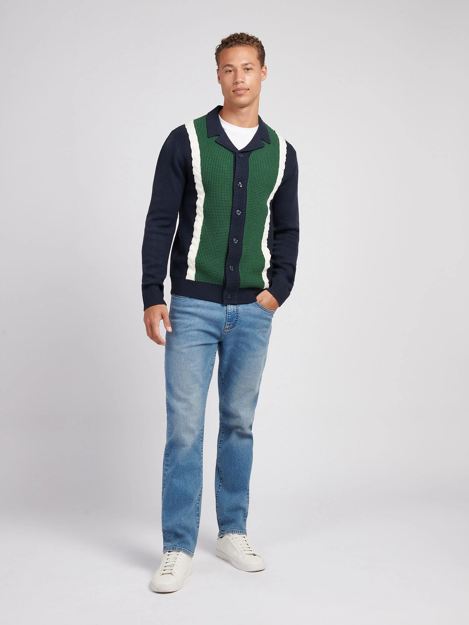 Mens Vertical Stripe Revere Knit Cardigan in Dark Sapphire Navy - Image 3