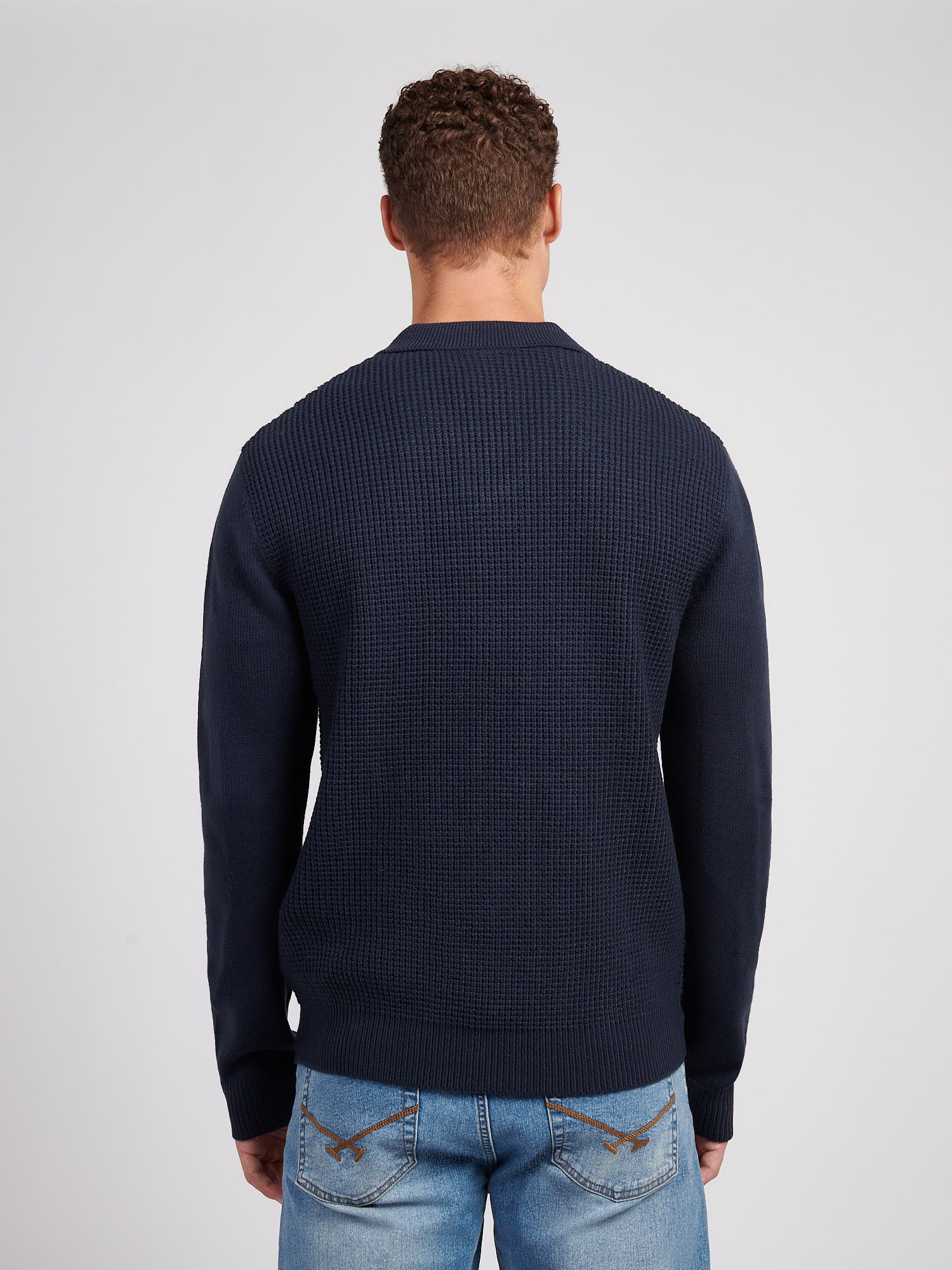 Mens Vertical Stripe Revere Knit Cardigan in Dark Sapphire Navy - Image 4