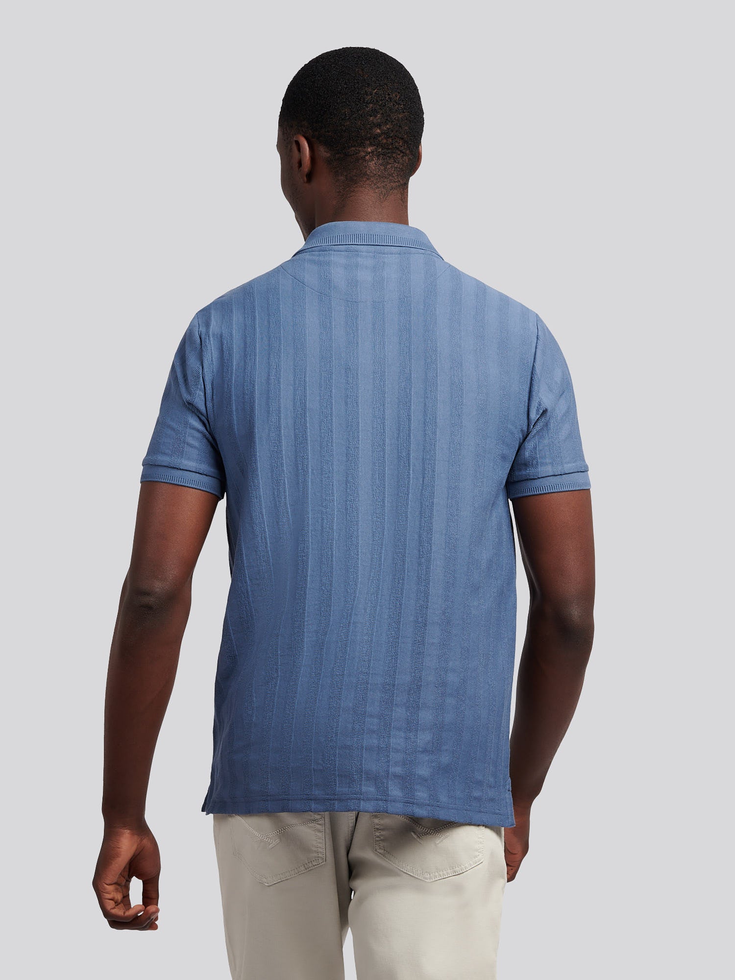 Mens Vertical Stripe Texture Polo Shirt in Vintage Indigo - Image 3