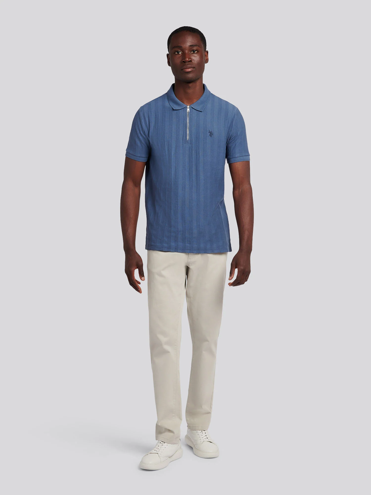 Mens Vertical Stripe Texture Polo Shirt in Vintage Indigo - Image 4