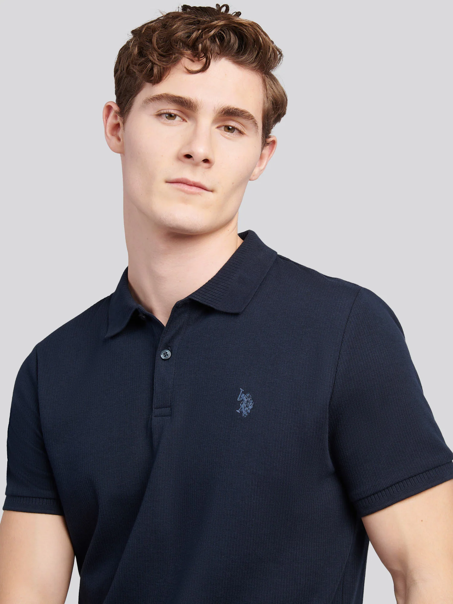 Mens Vertical Texture Polo Shirt in Dark Sapphire Navy / Moonlight Blue DHM - Image 2