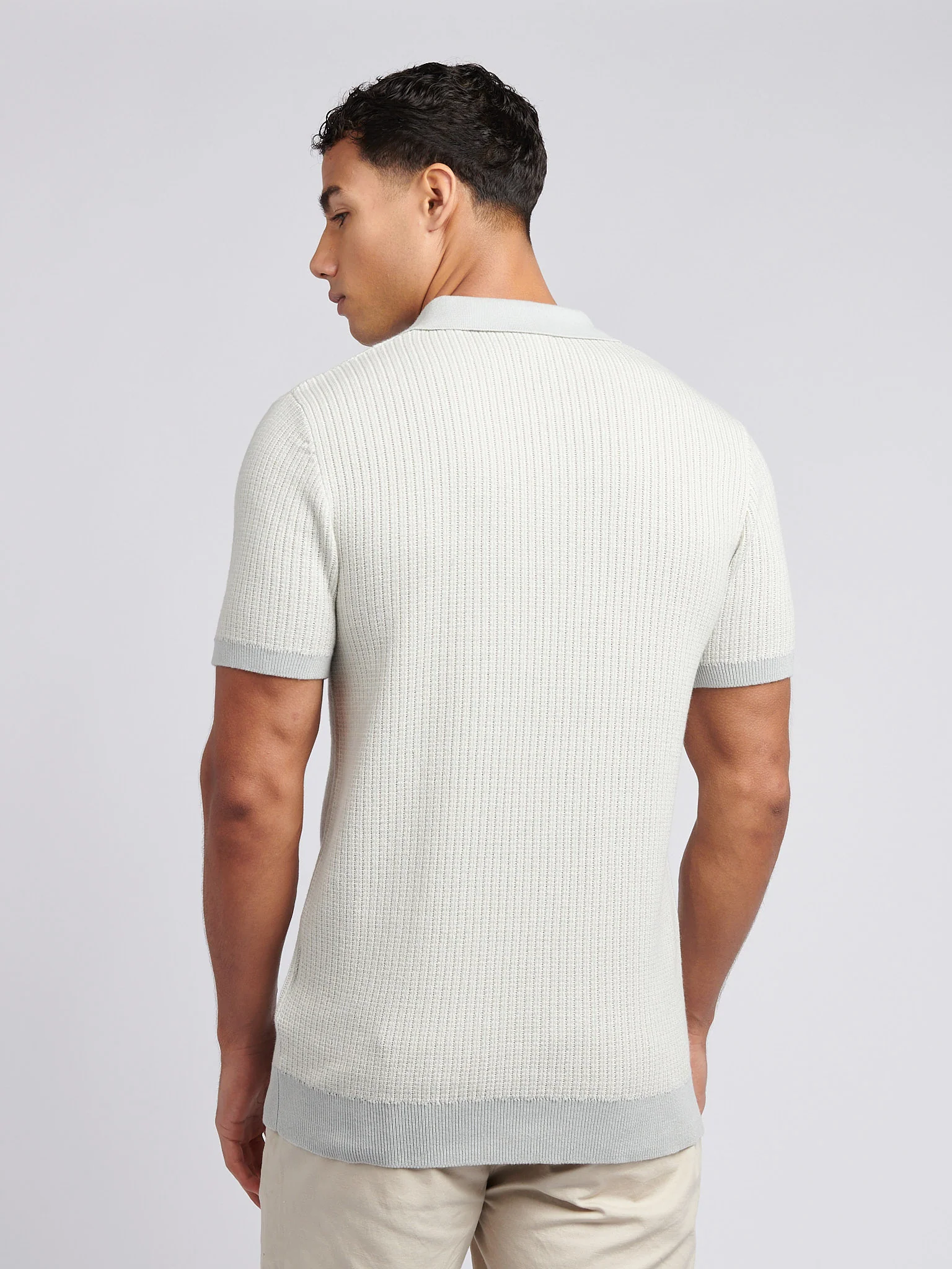 Mens Vertical Texture Stripe Knit Polo Shirt in Northern Droplet - Image 4