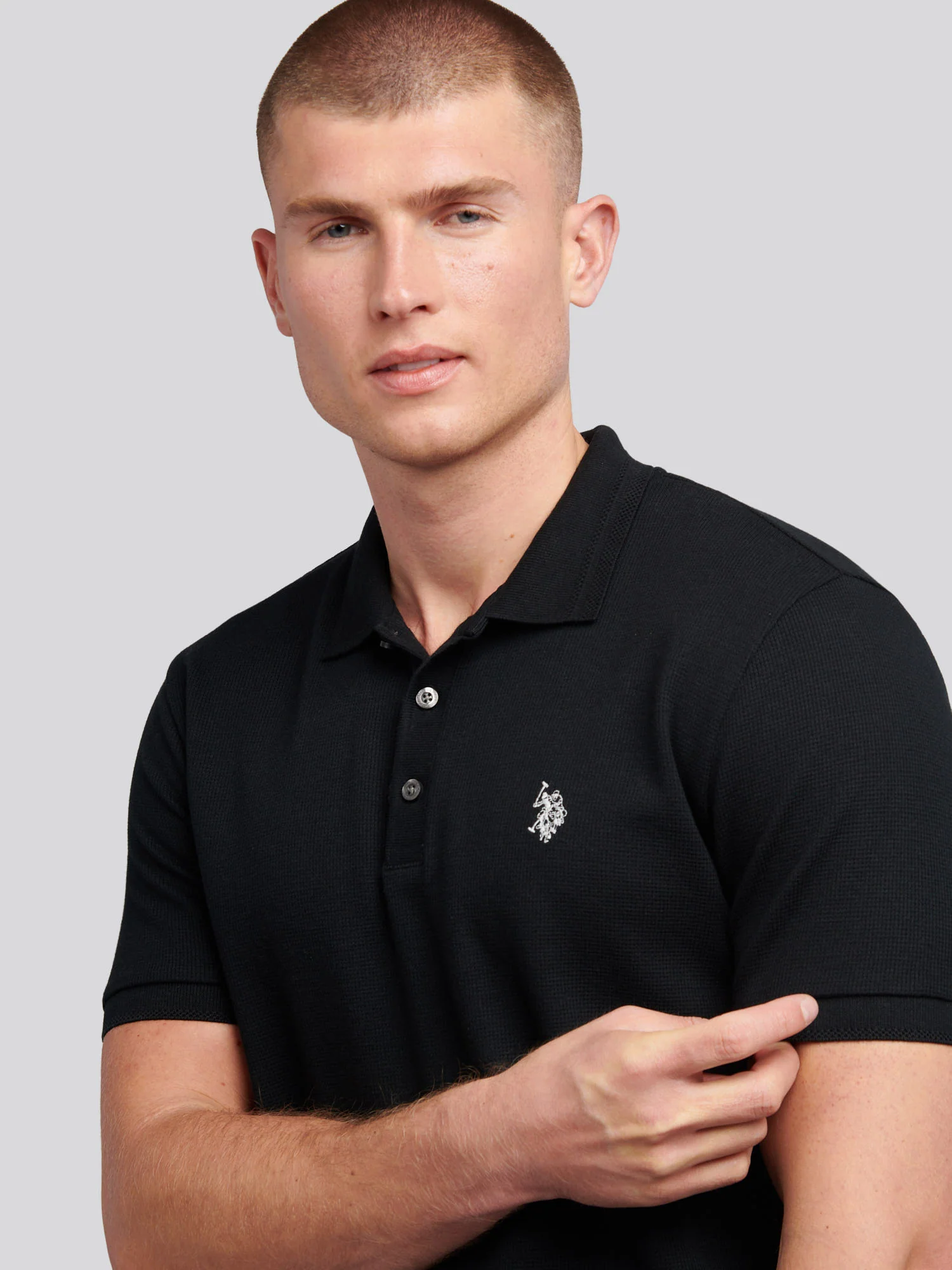 Mens Waffle Texture Polo Shirt in Black - Image 2