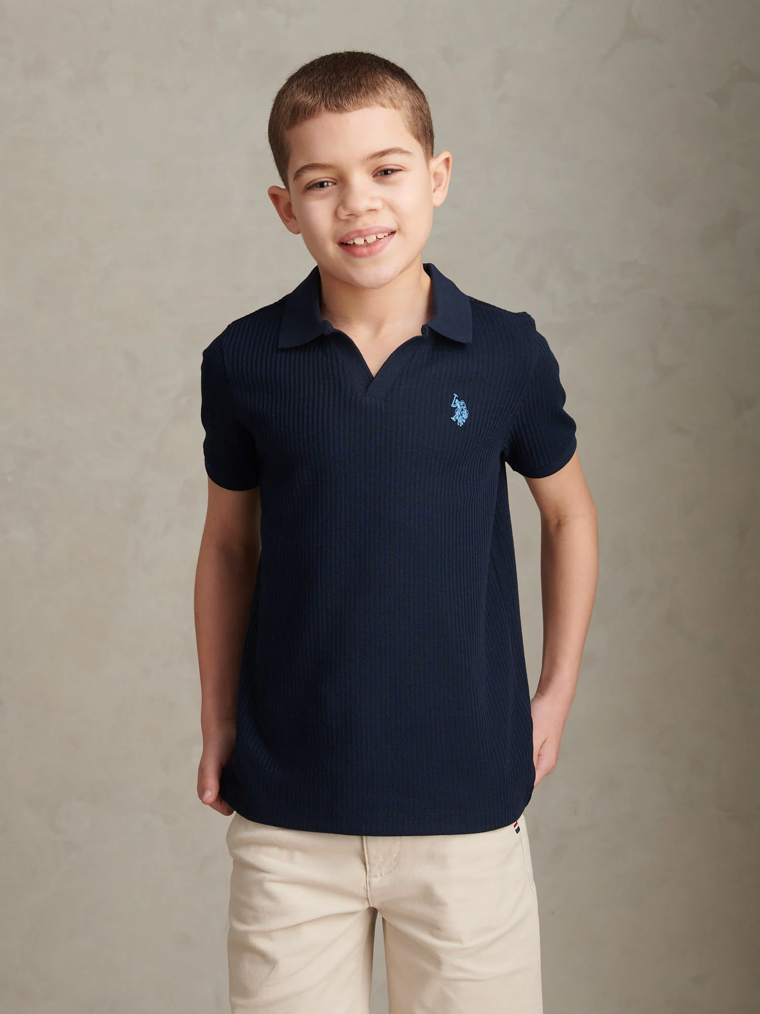 Boys Textured Open Collar Polo Shirt Dark Sapphire Navy