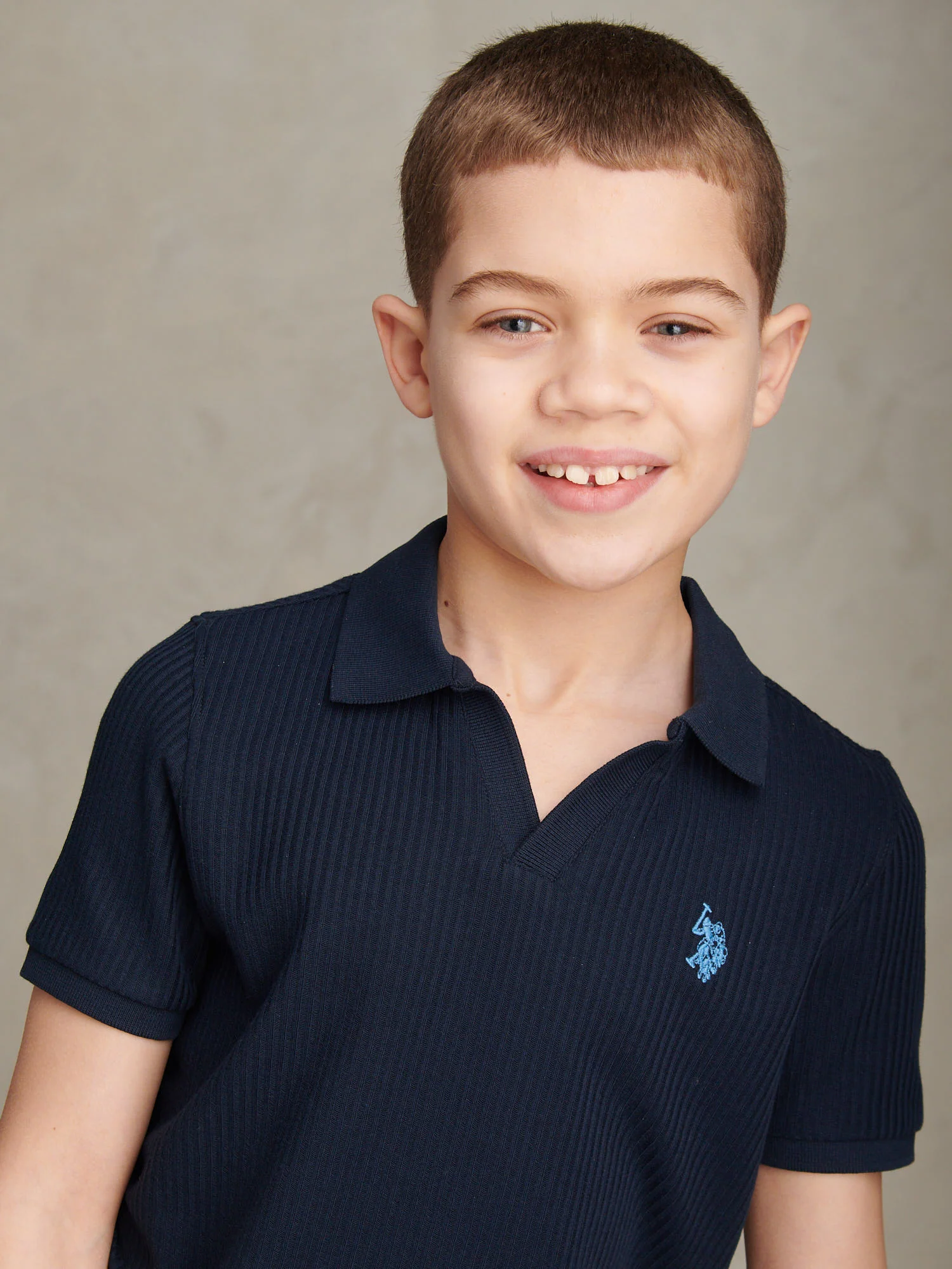 Boys Textured Open Collar Polo Shirt Dark Sapphire Navy - Image 2