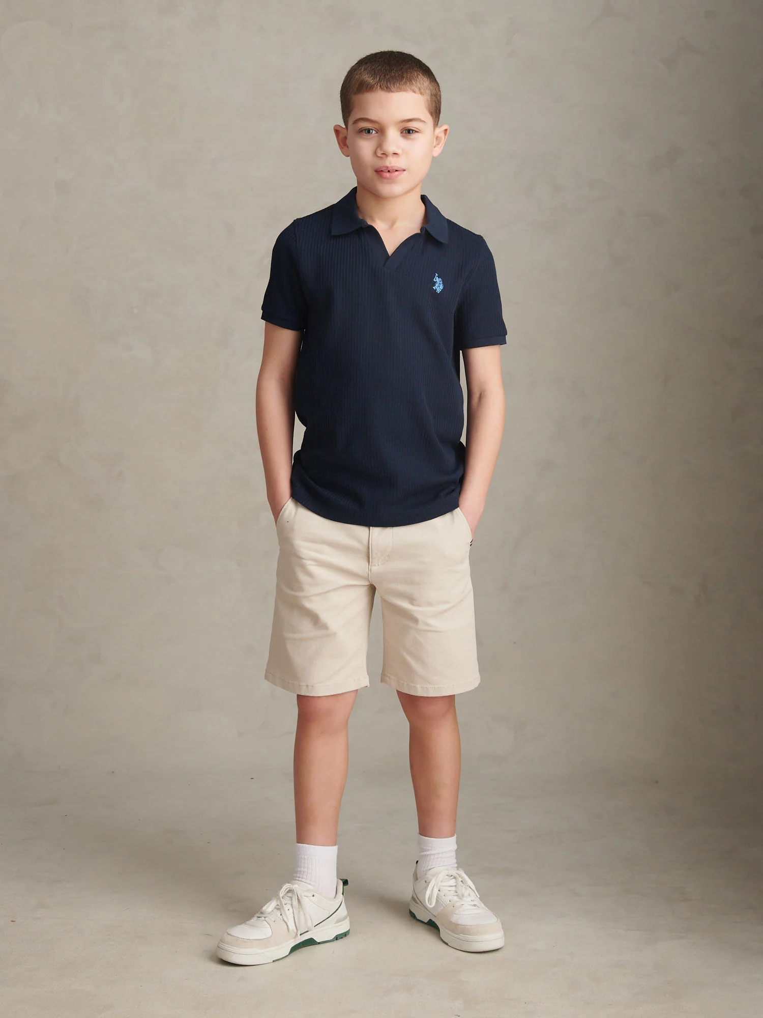 Boys Textured Open Collar Polo Shirt Dark Sapphire Navy - Image 3