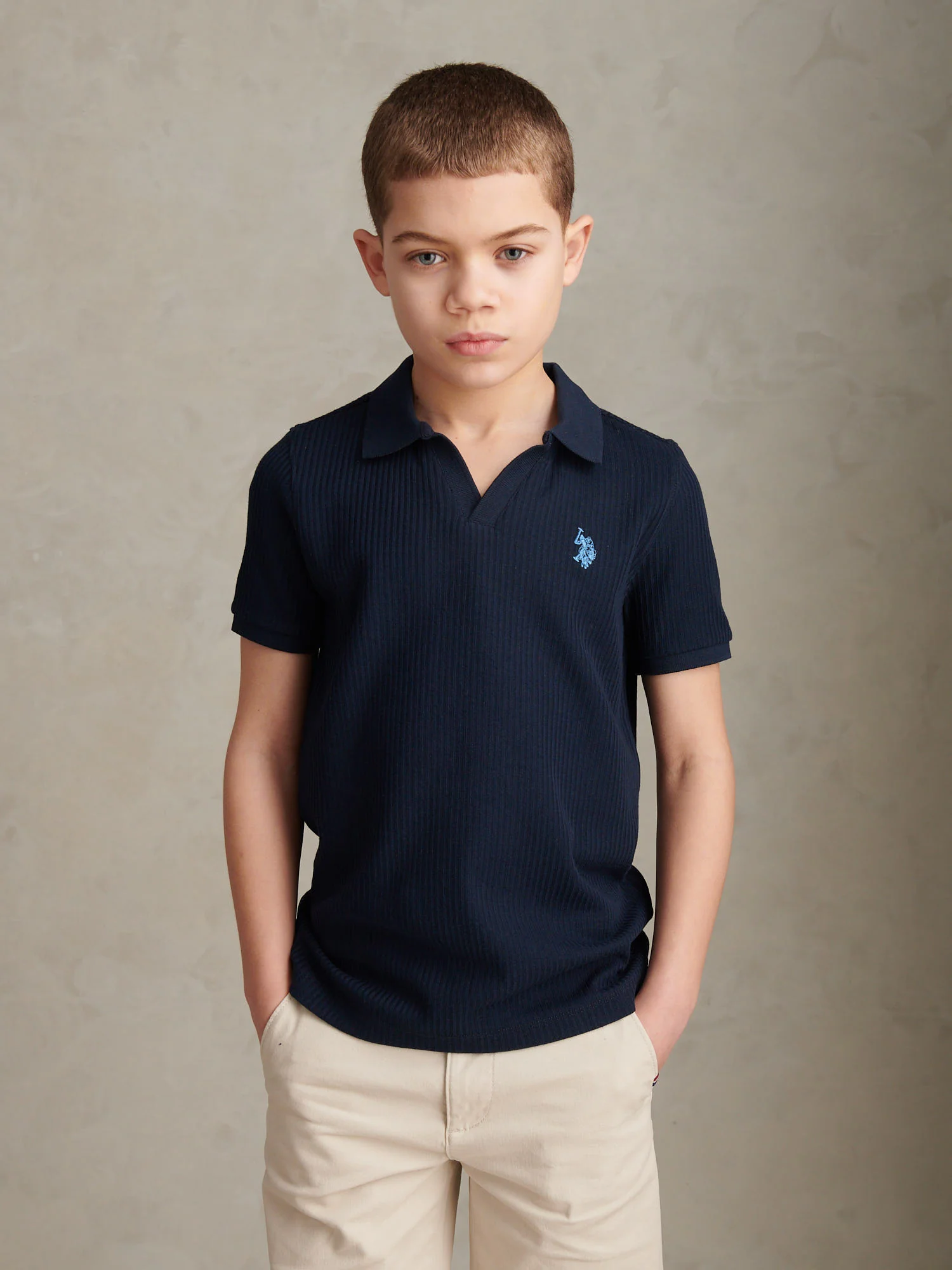 Boys Textured Open Collar Polo Shirt Dark Sapphire Navy - Image 5