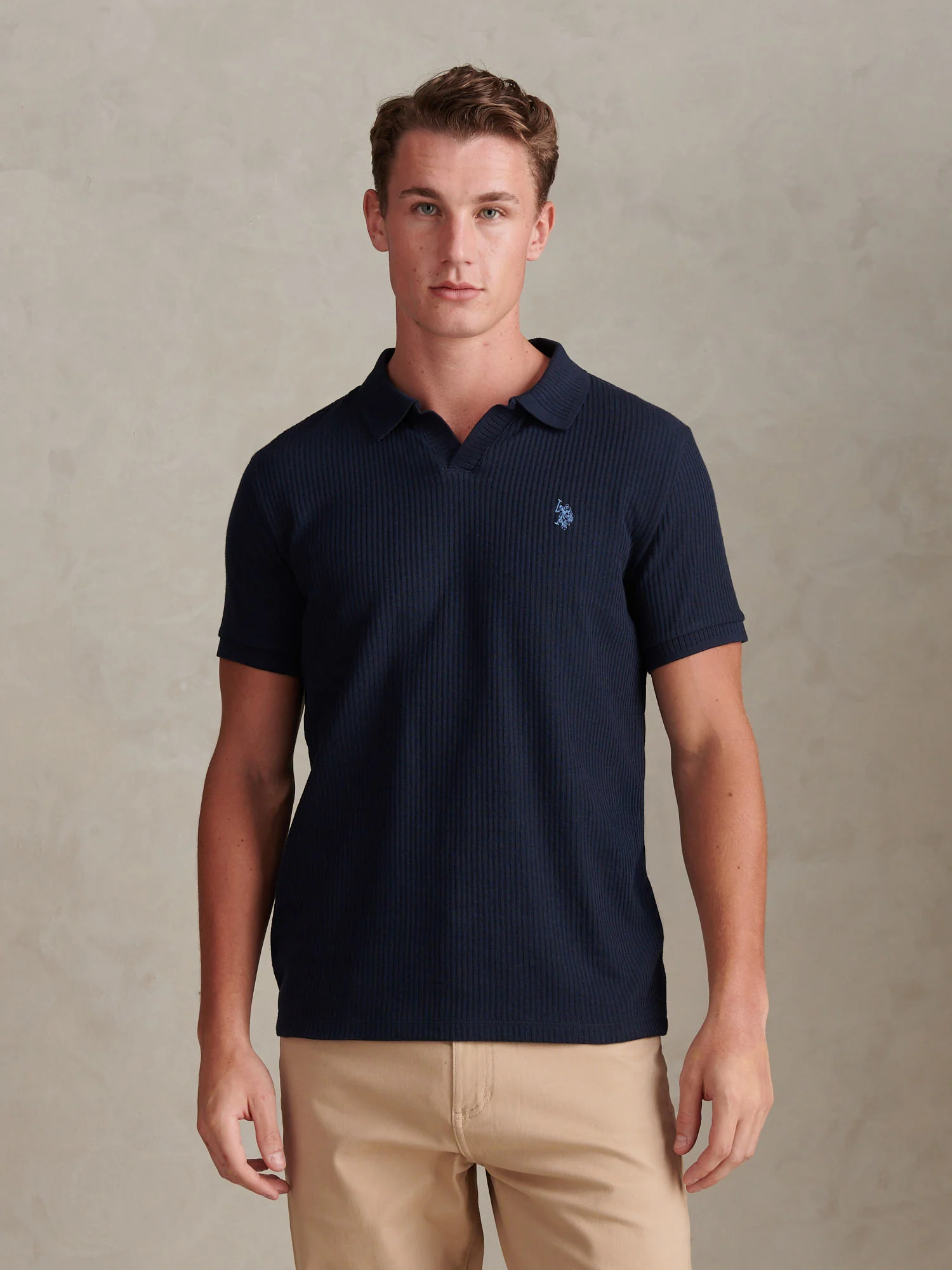Mens Mini Vertical Texture Open Collar Polo Shirt Dark Sapphire Navy