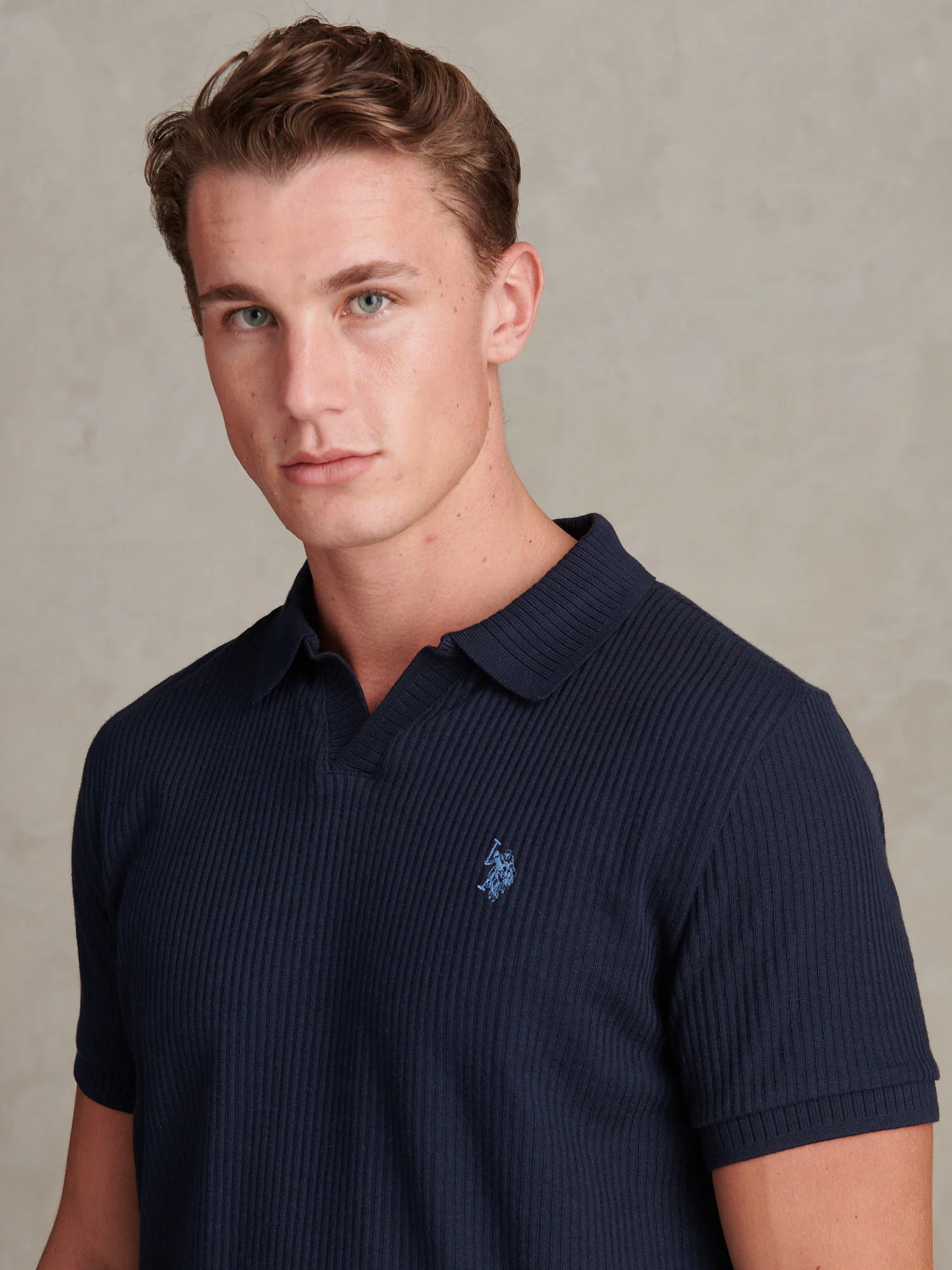 Mens Mini Vertical Texture Open Collar Polo Shirt Dark Sapphire Navy - Image 2