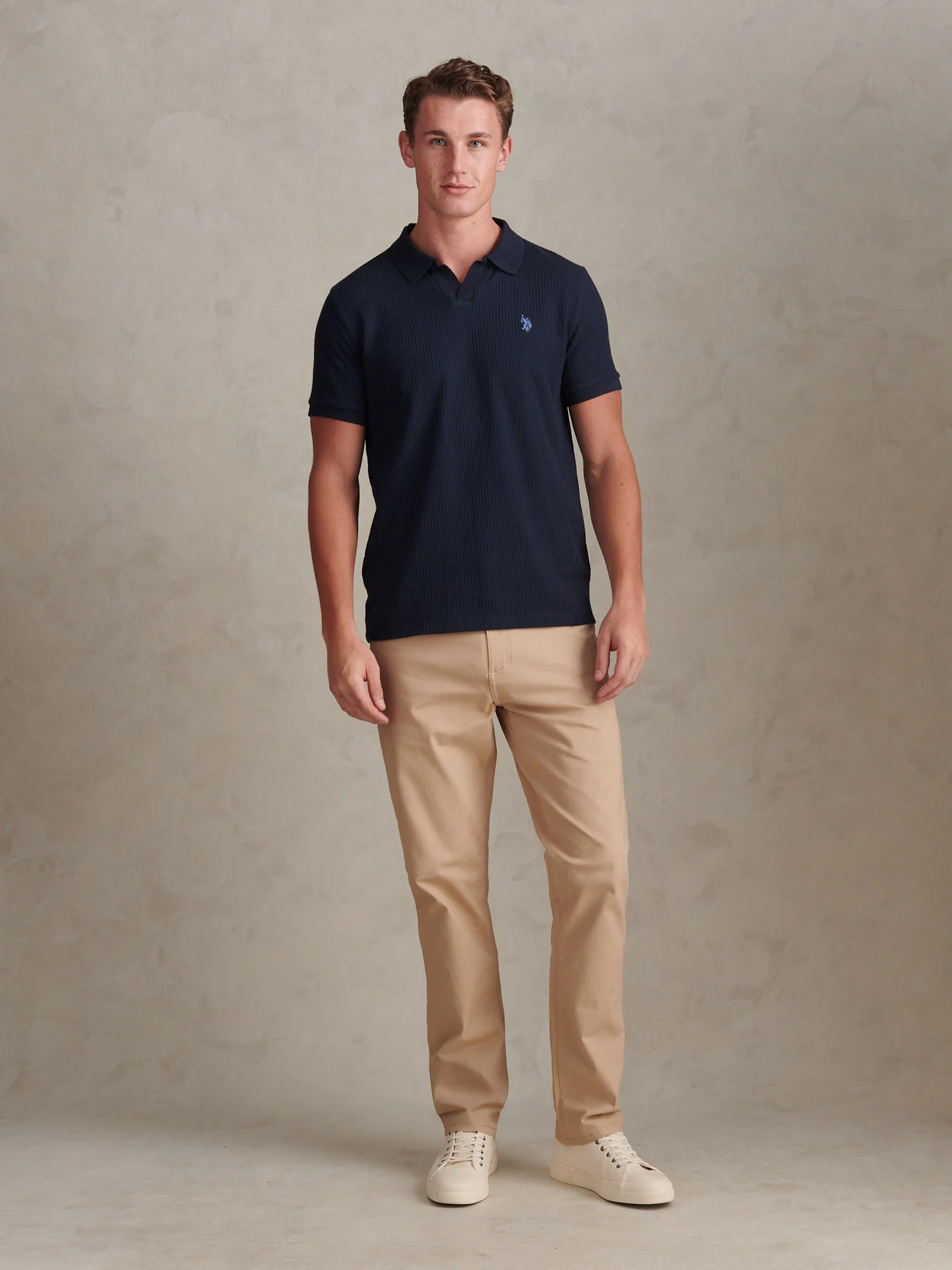 Mens Mini Vertical Texture Open Collar Polo Shirt Dark Sapphire Navy - Image 3