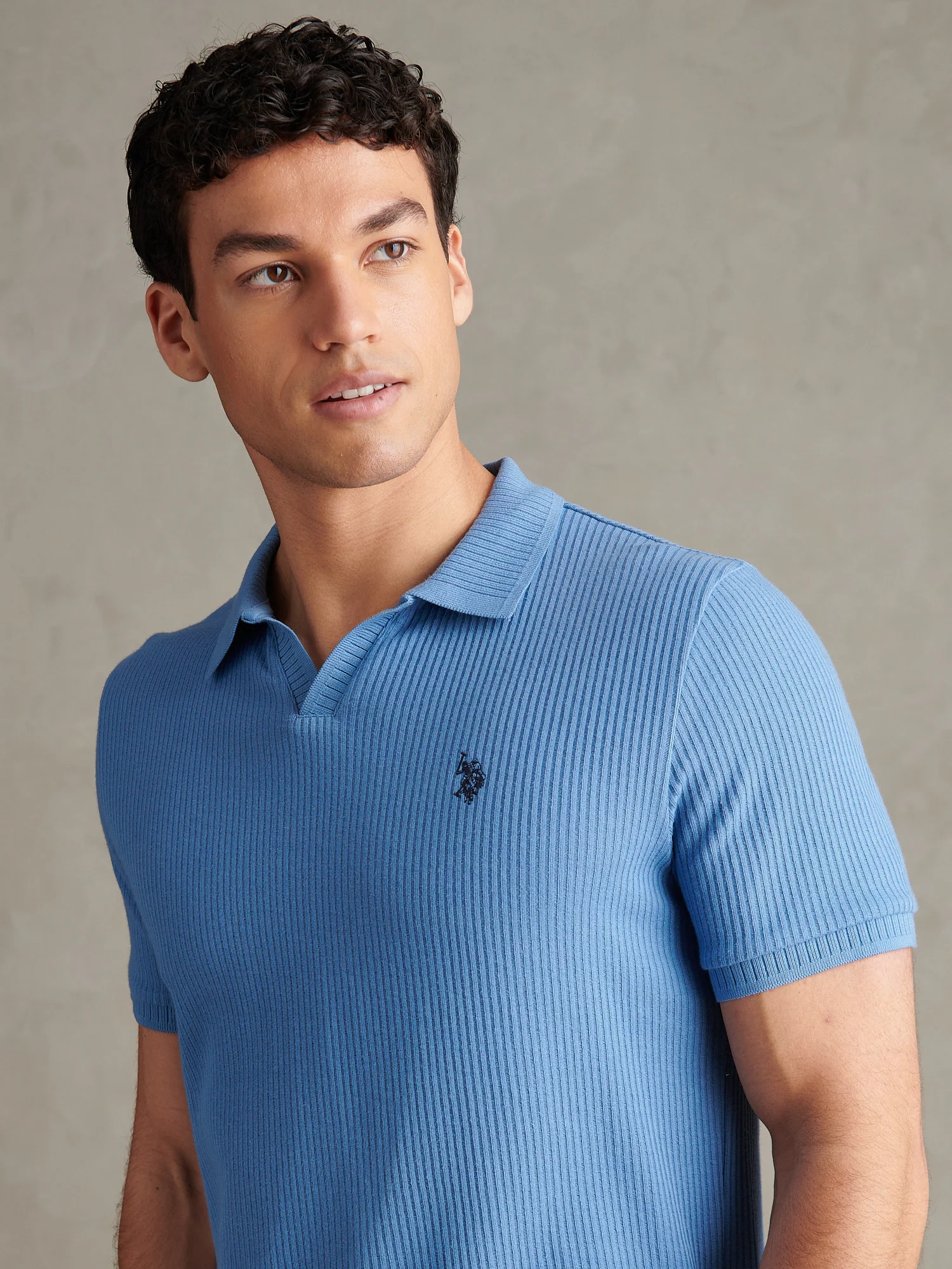 Mens Mini Vertical Texture Open Collar Polo Shirt Riviera - Image 2