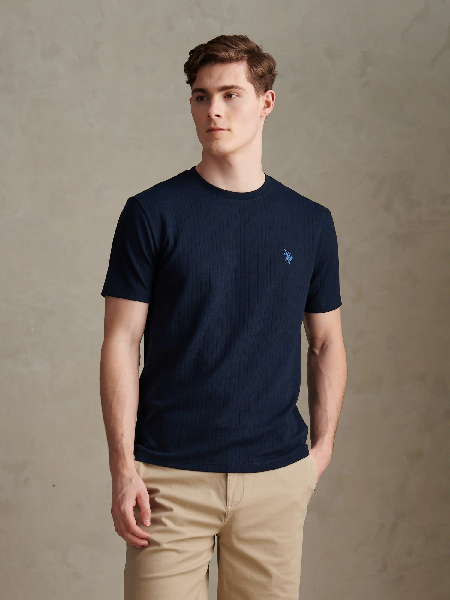 Mens Mini Waffle Stripe Textured T-Shirt Dark Sapphire Navy