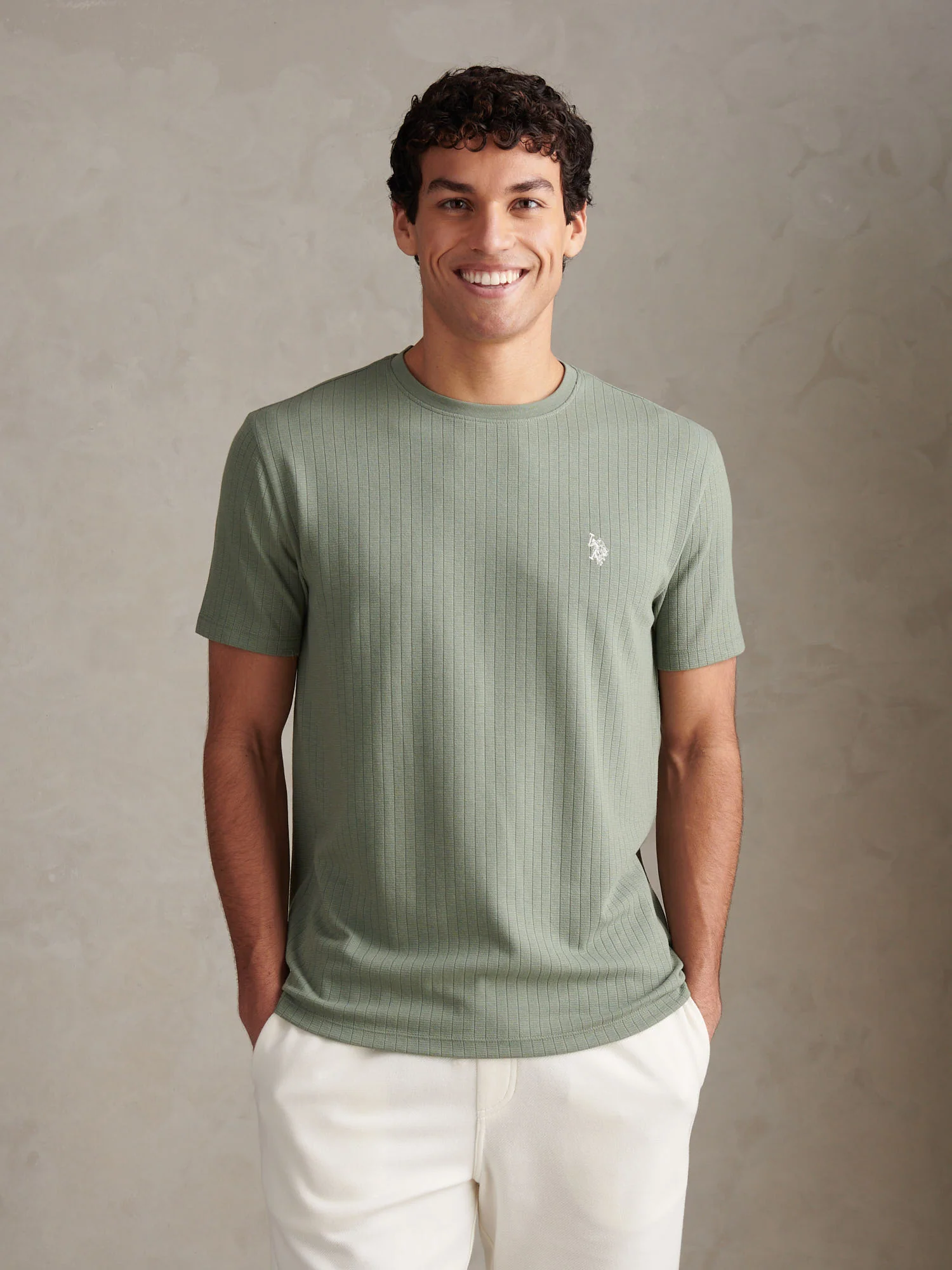 Mens Mini Waffle Stripe Textured T-Shirt Sea Spray