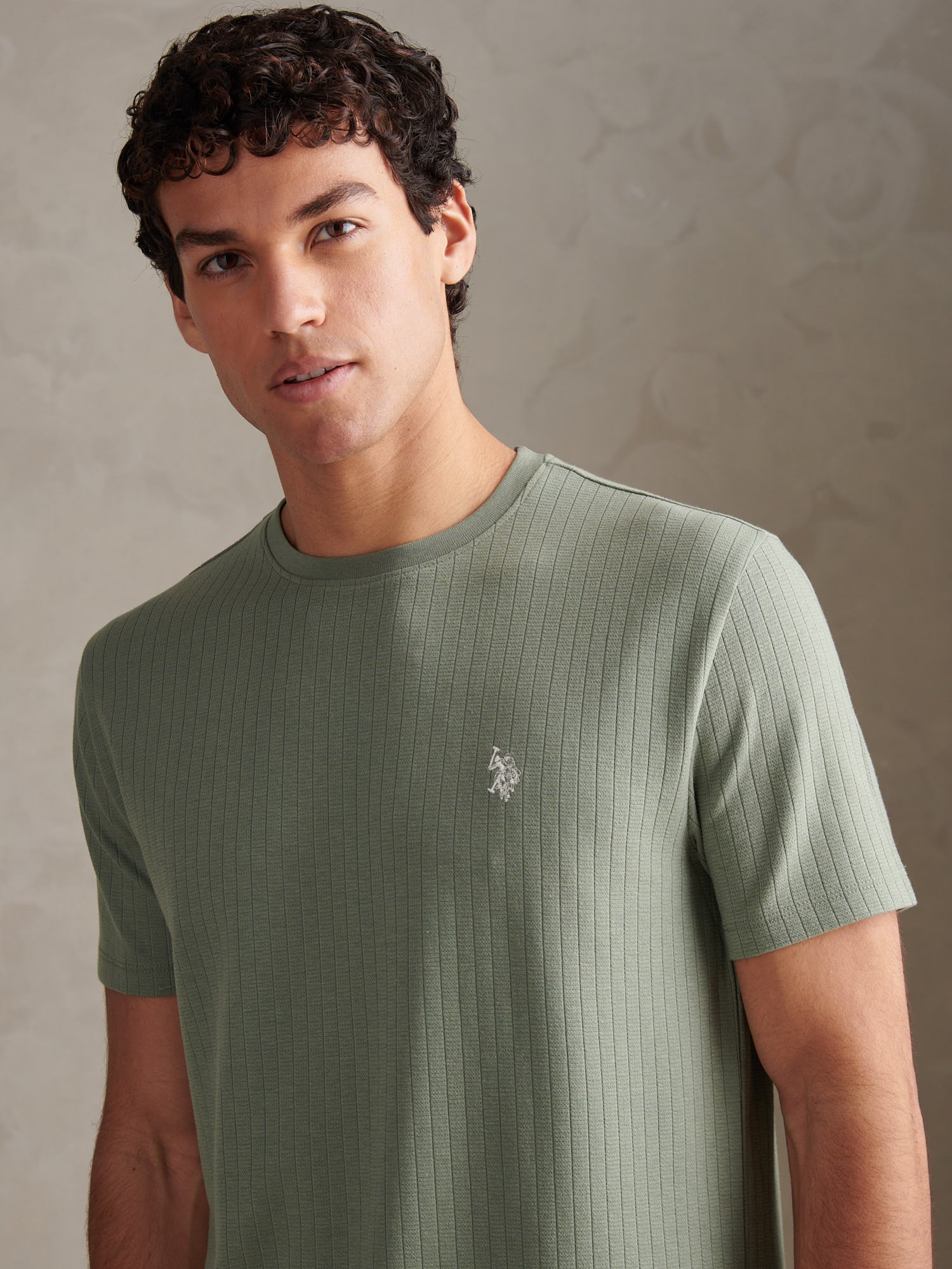 Mens Mini Waffle Stripe Textured T-Shirt Sea Spray - Image 2