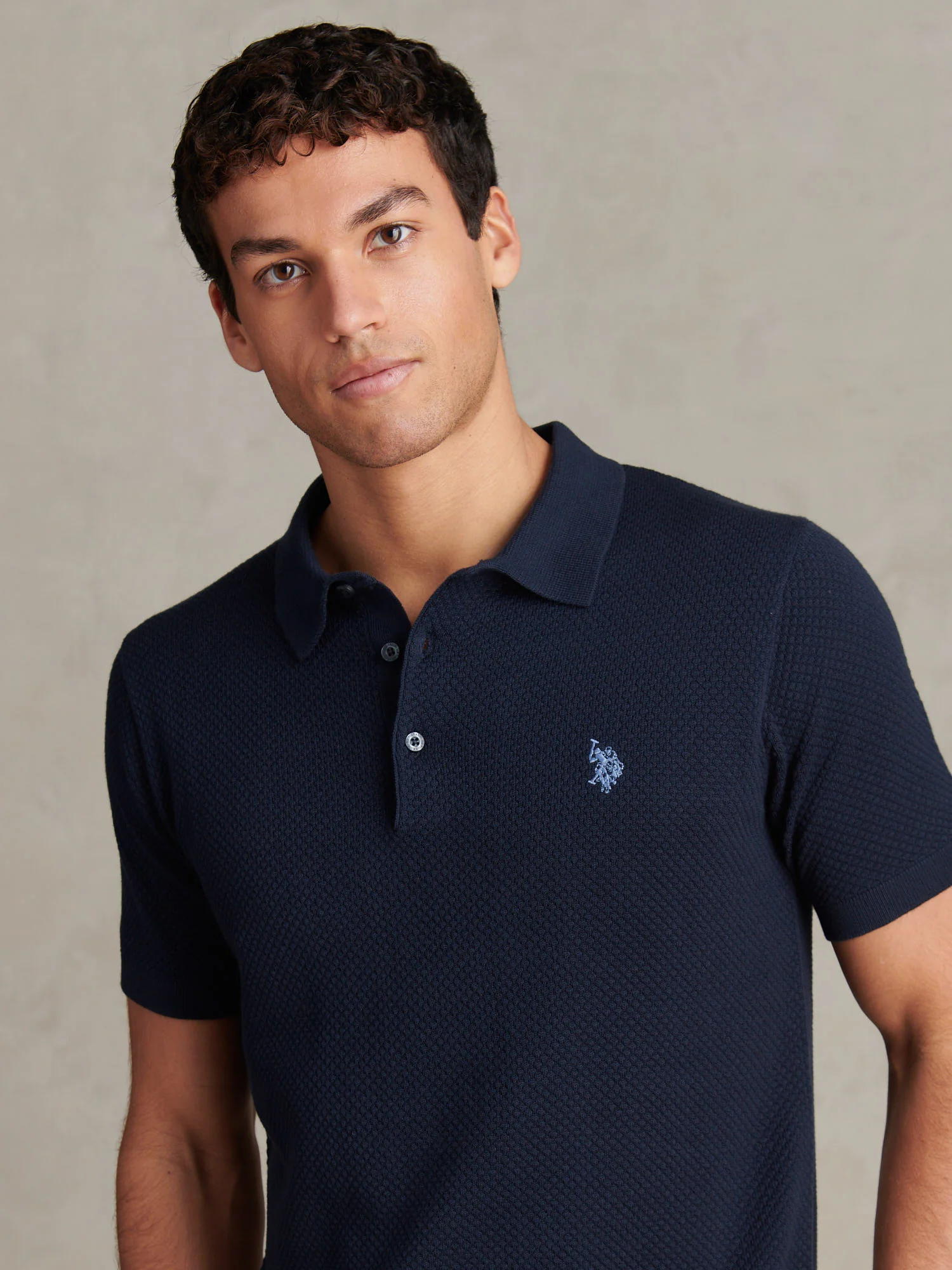 Mens Moss Stitch Knit Polo Shirt Dark Sapphire Navy - Image 2