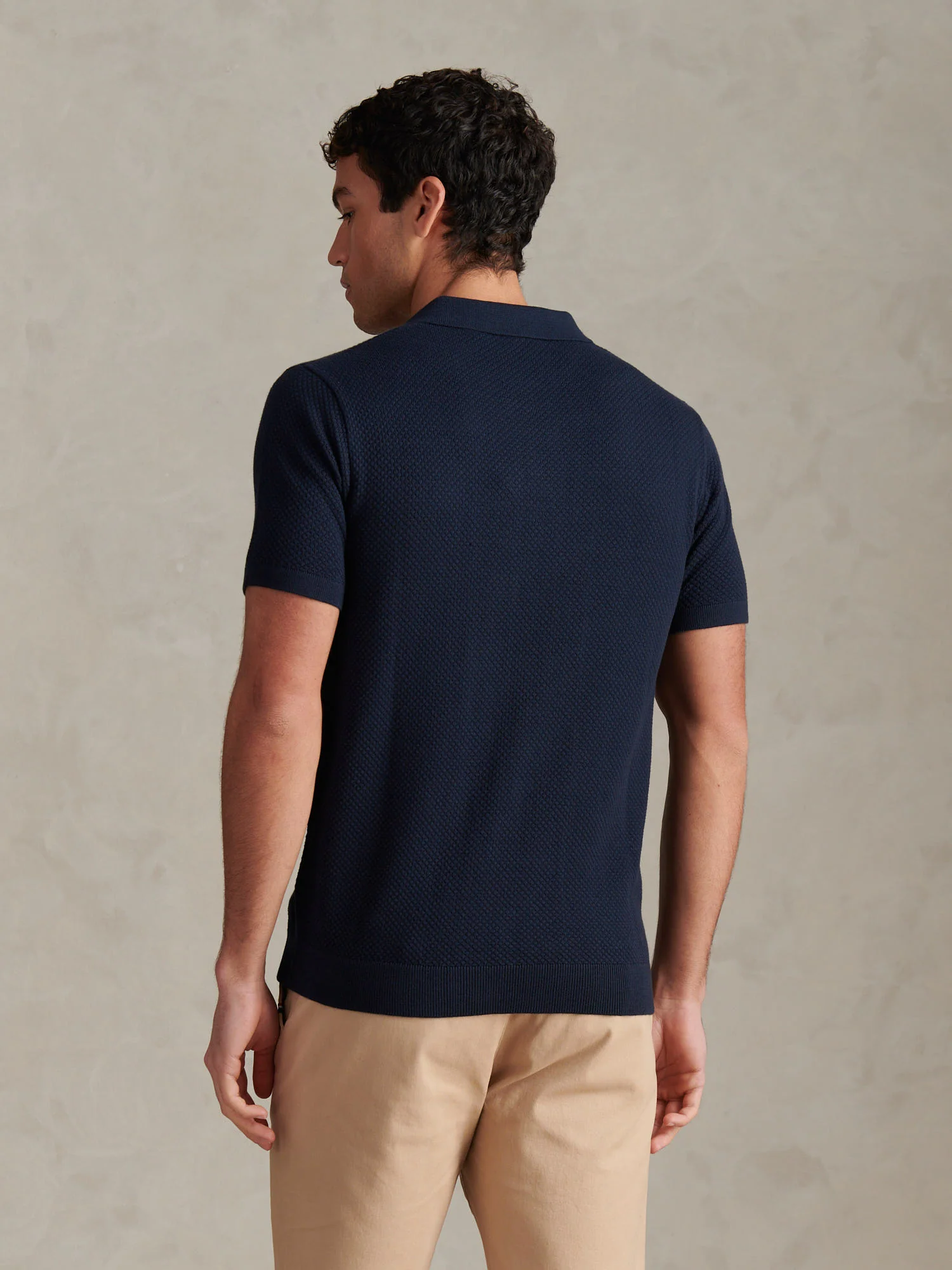 Mens Moss Stitch Knit Polo Shirt Dark Sapphire Navy - Image 4