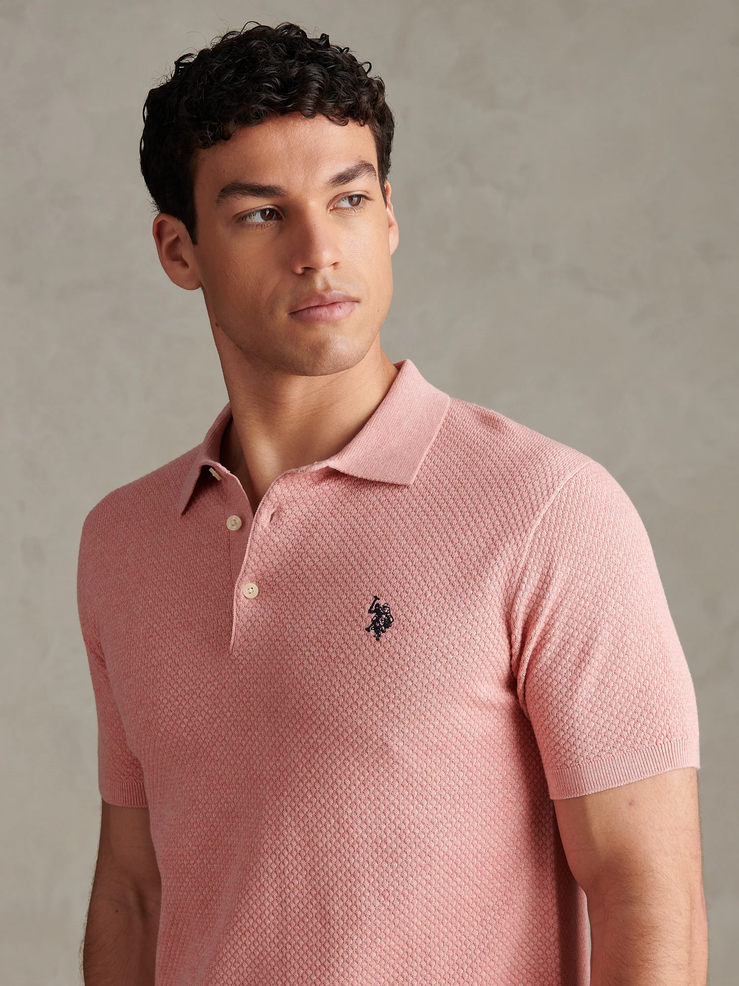 Mens Moss Stitch Knit Polo Shirt Mauveglow Marl - Image 2