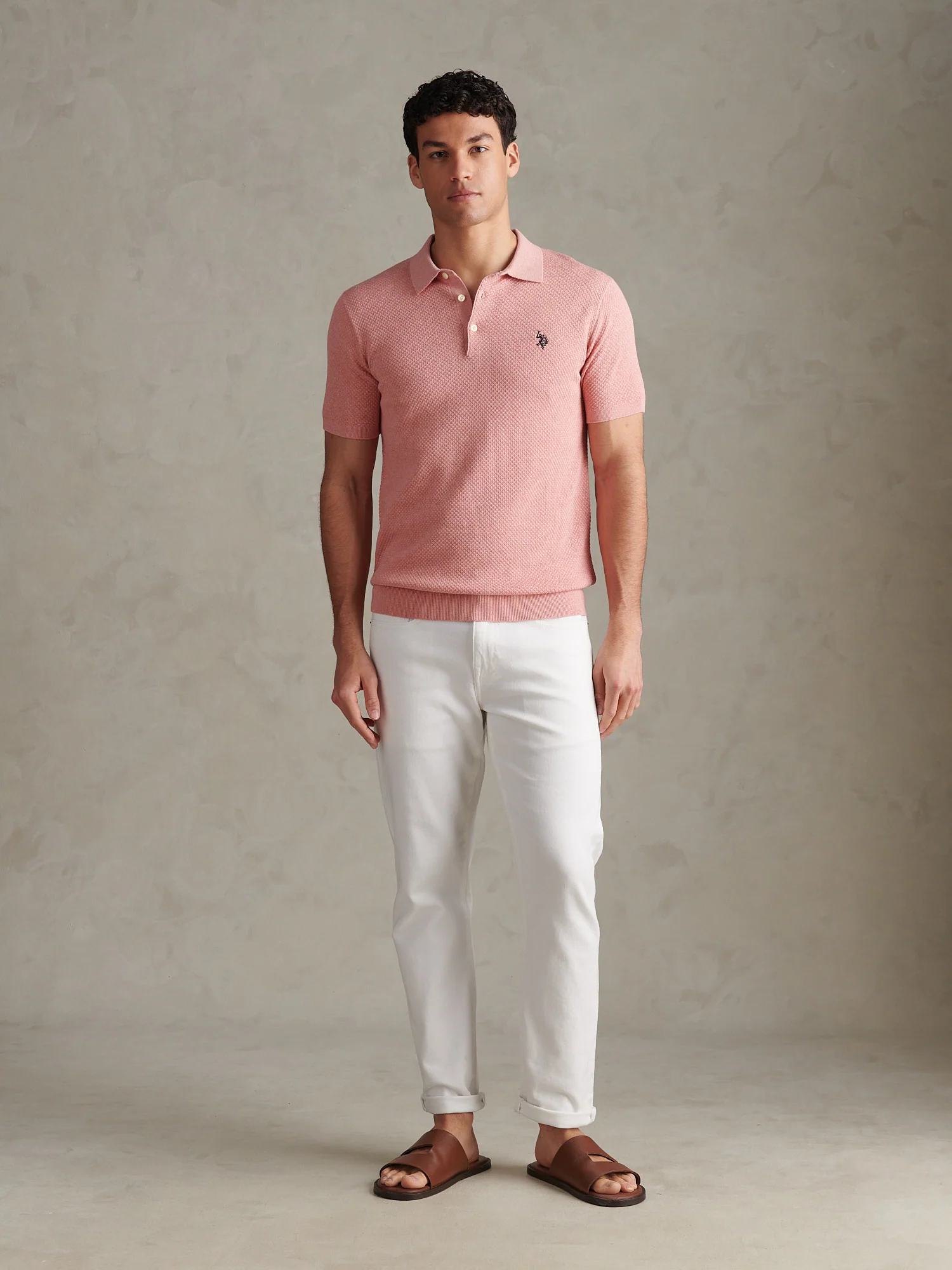 Mens Moss Stitch Knit Polo Shirt Mauveglow Marl - Image 3