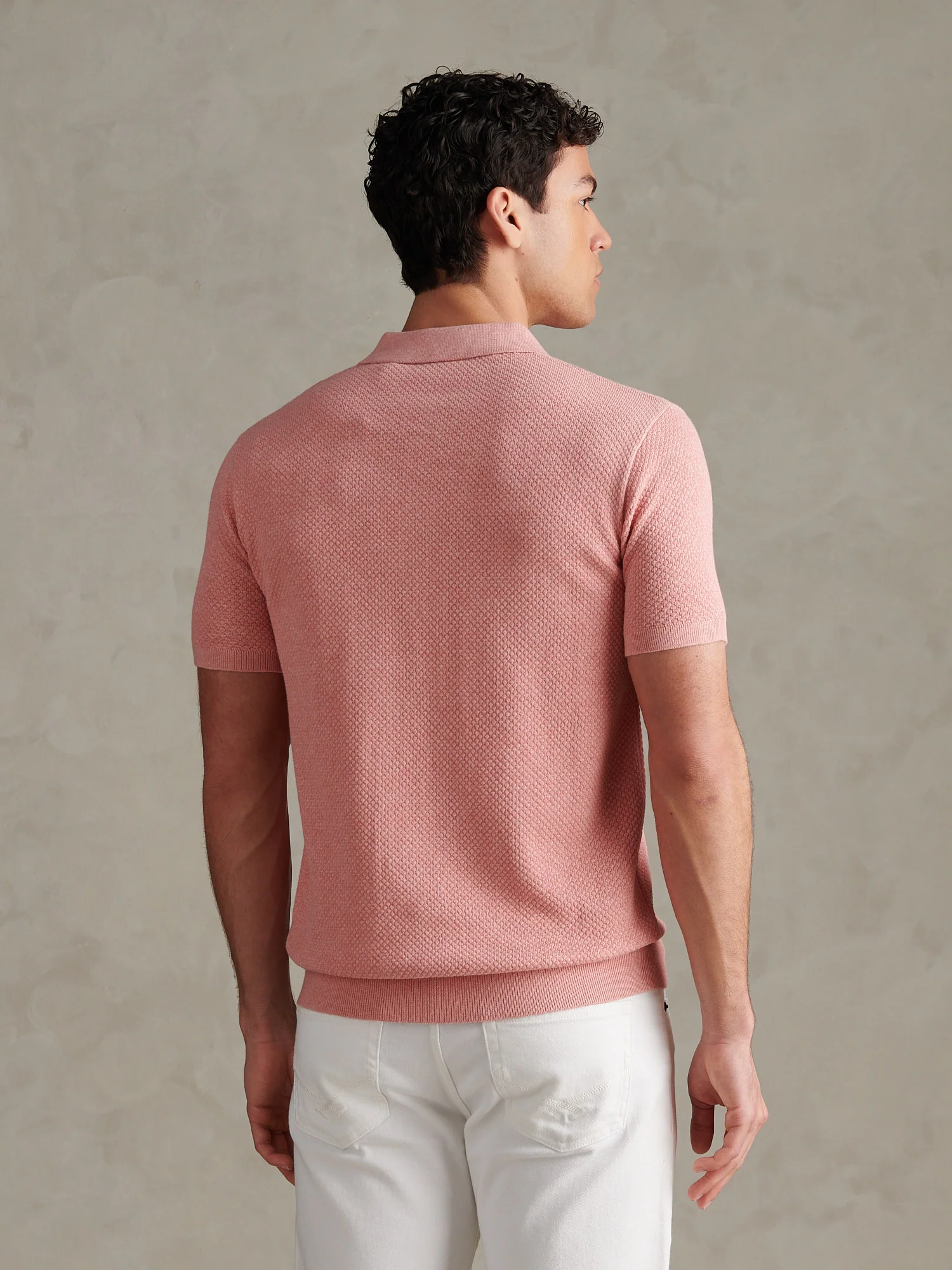 Mens Moss Stitch Knit Polo Shirt Mauveglow Marl - Image 4