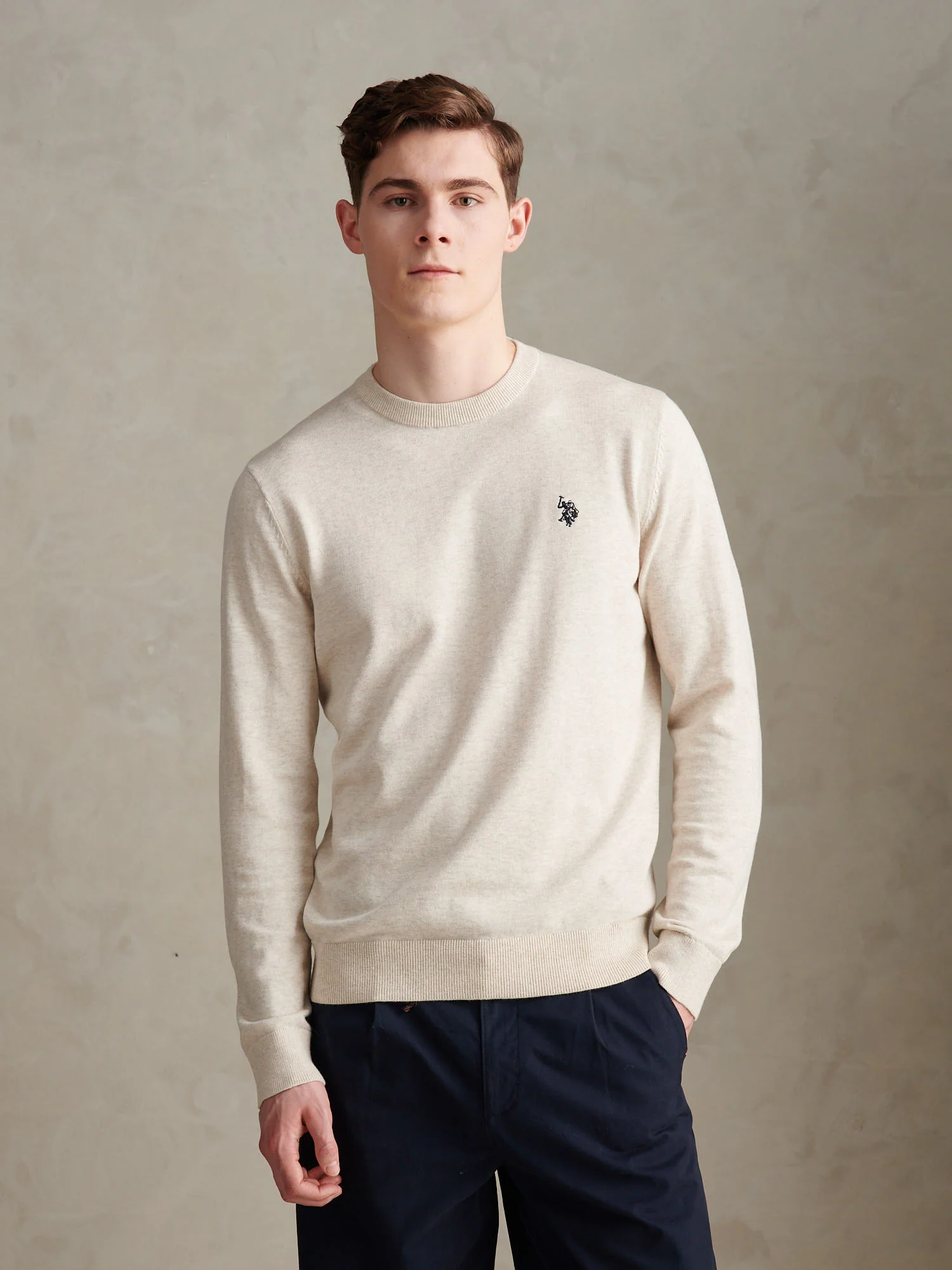 Mens Double Horsemen Cotton Knit Crew Jumper Birch Marl