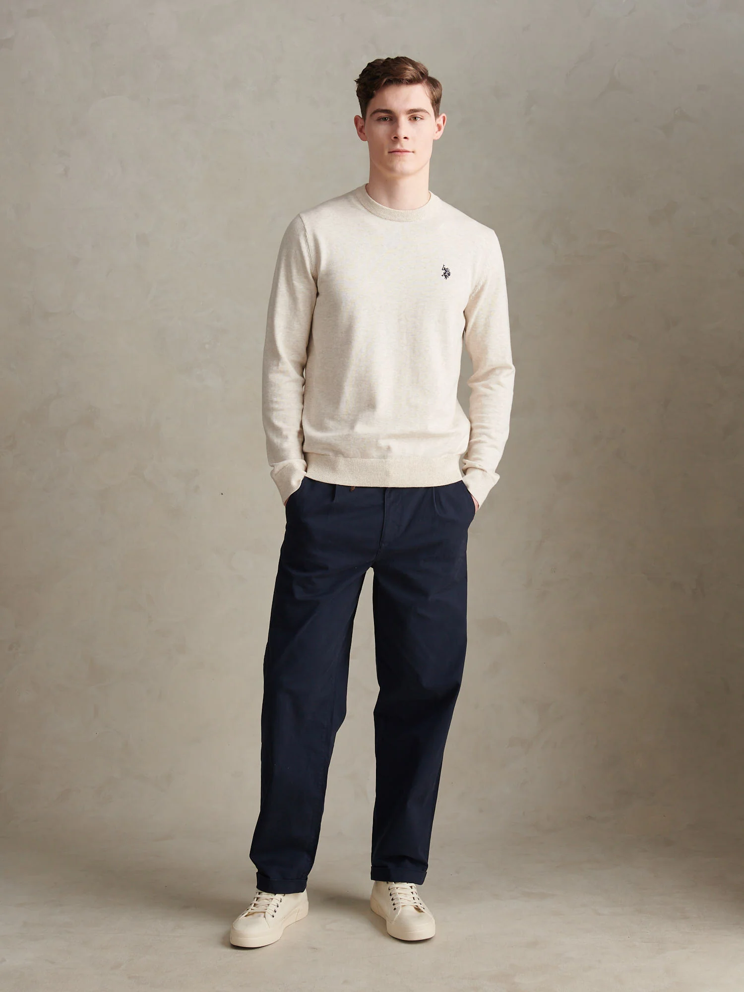 Mens Double Horsemen Cotton Knit Crew Jumper Birch Marl - Image 3