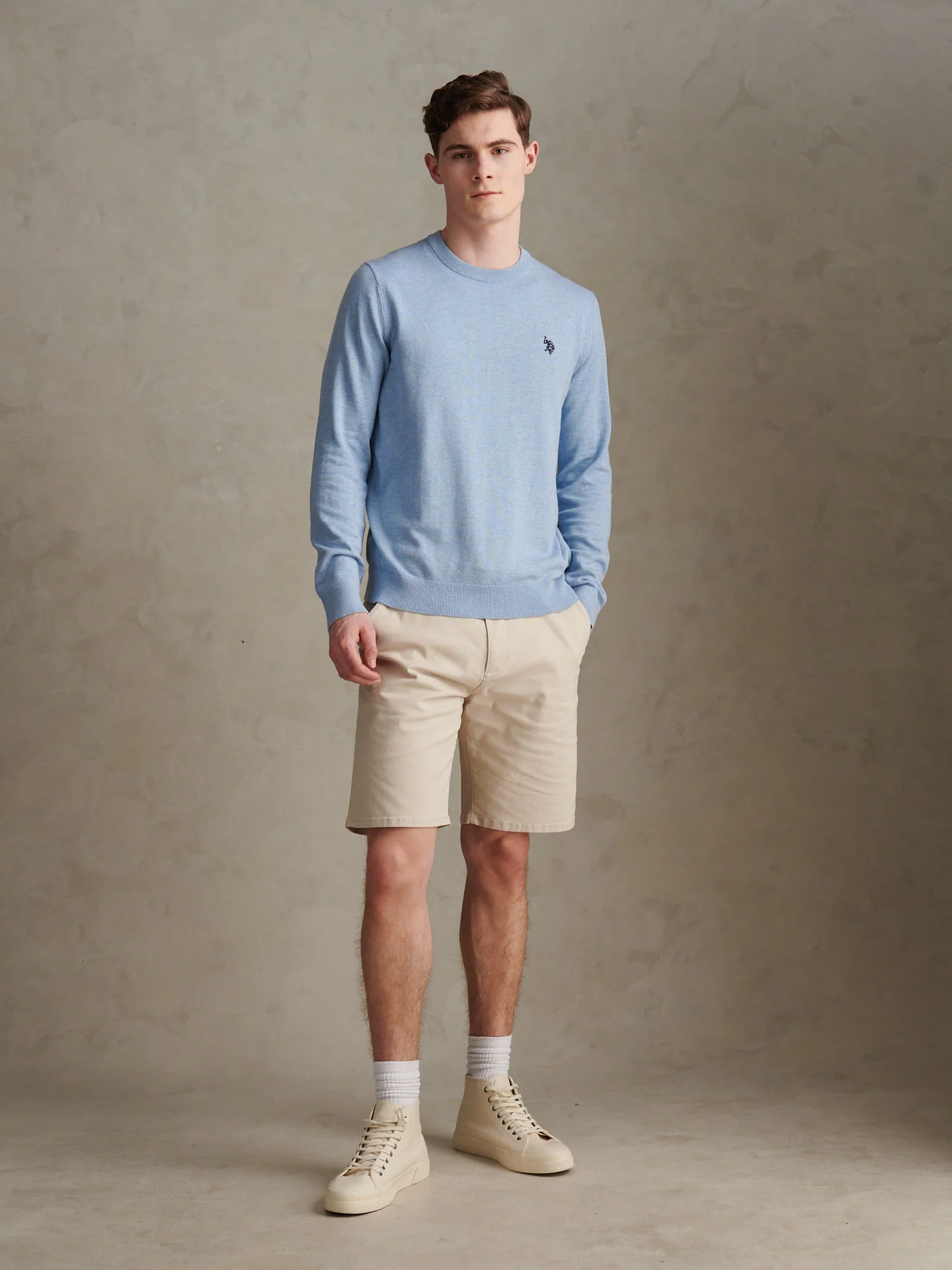 Mens Double Horsemen Cotton Knit Crew Jumper Parisian Blue Marl - Image 3