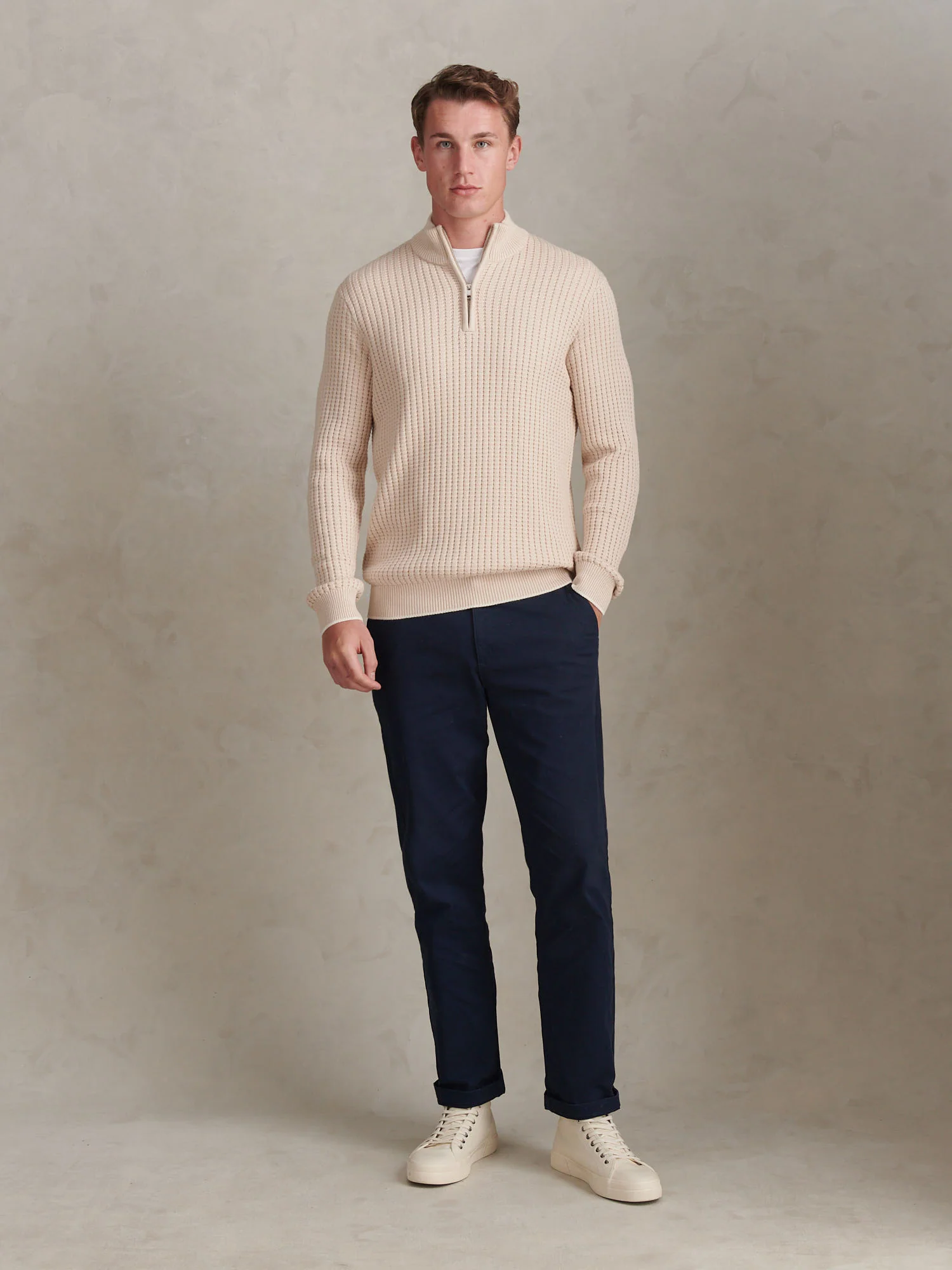 Mens Open Knit Quarter Zip Funnel Jumper Beige - Image 3