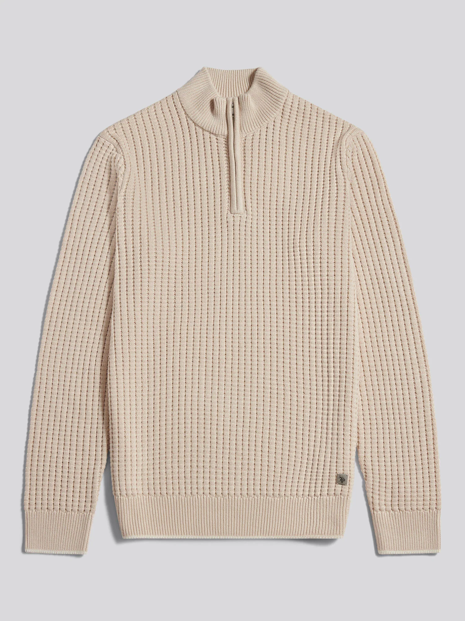 Mens Open Knit Quarter Zip Funnel Jumper Beige - Image 5