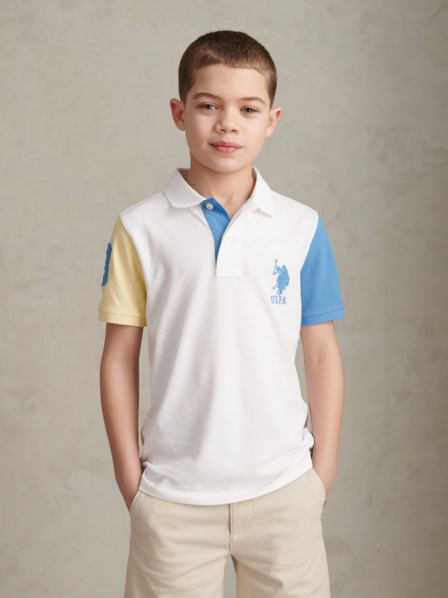Boys Player 3 Colour Block Pique Polo Shirt Bright White