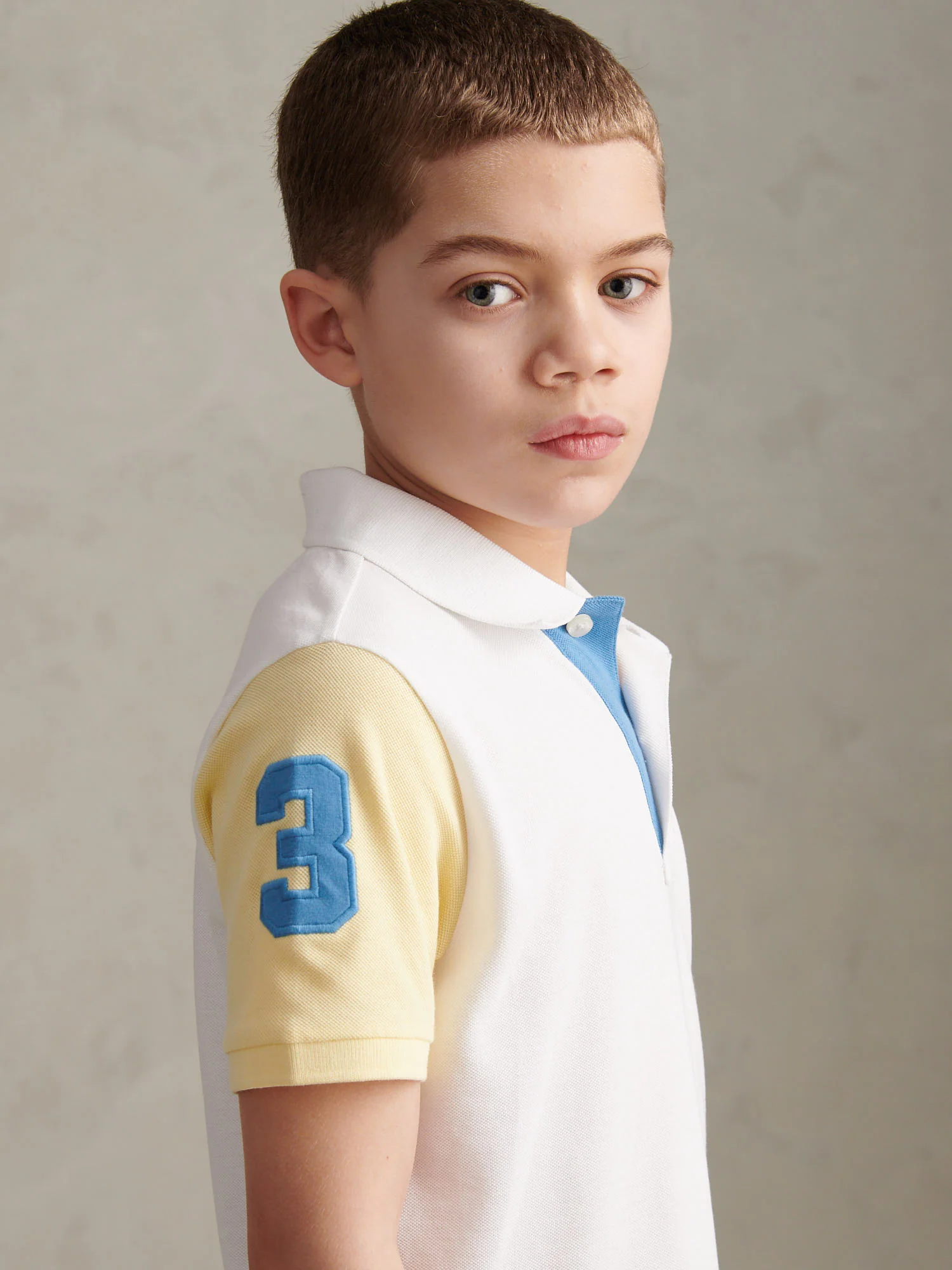 Boys Player 3 Colour Block Pique Polo Shirt Bright White - Image 5