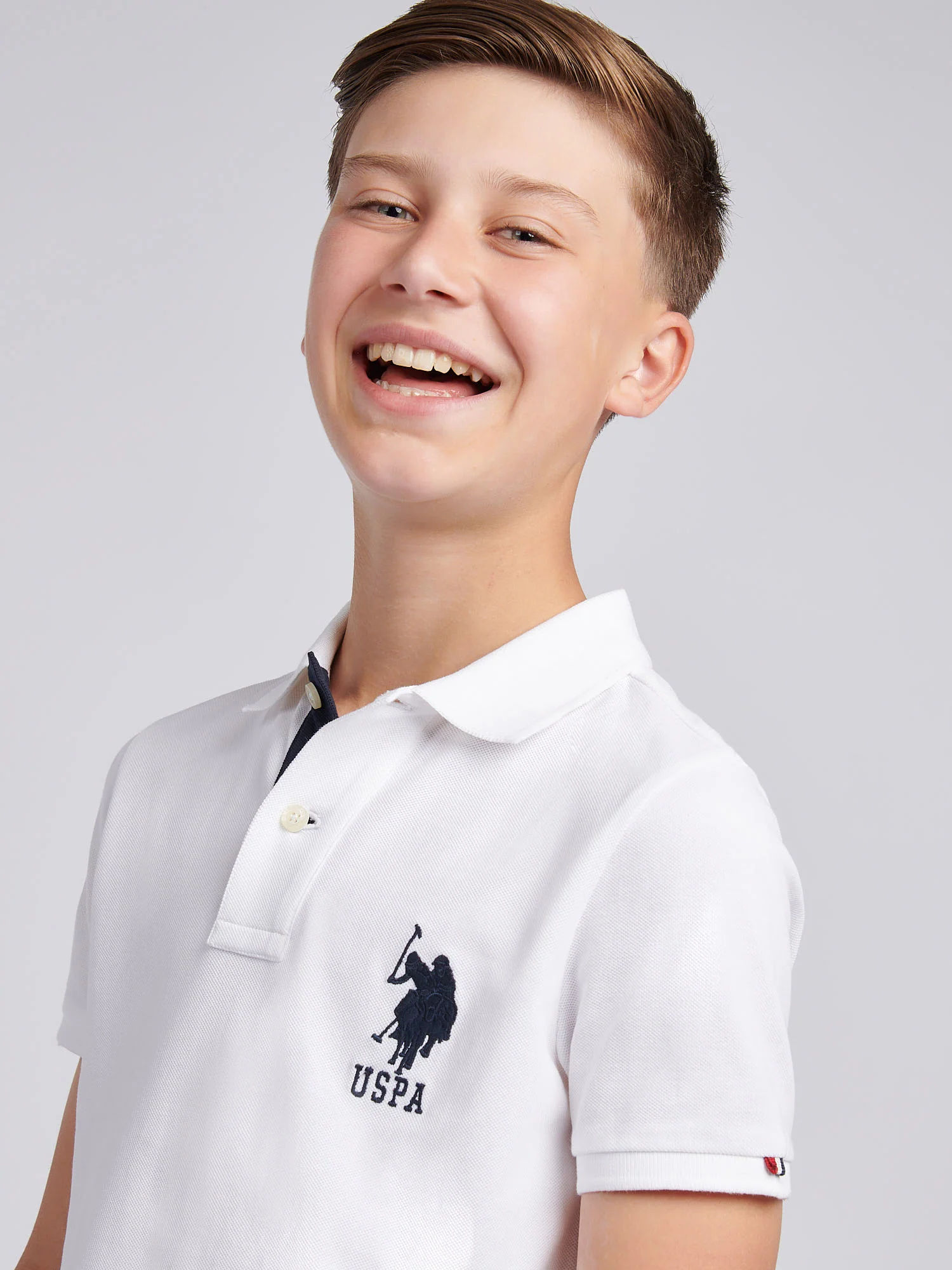Boys Player 3 Polo Shirt White / Dark Sapphire Navy DHM - Image 2