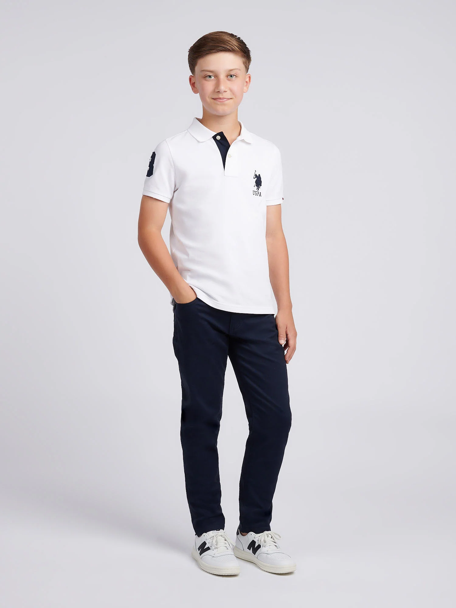 Boys Player 3 Polo Shirt White / Dark Sapphire Navy DHM - Image 3