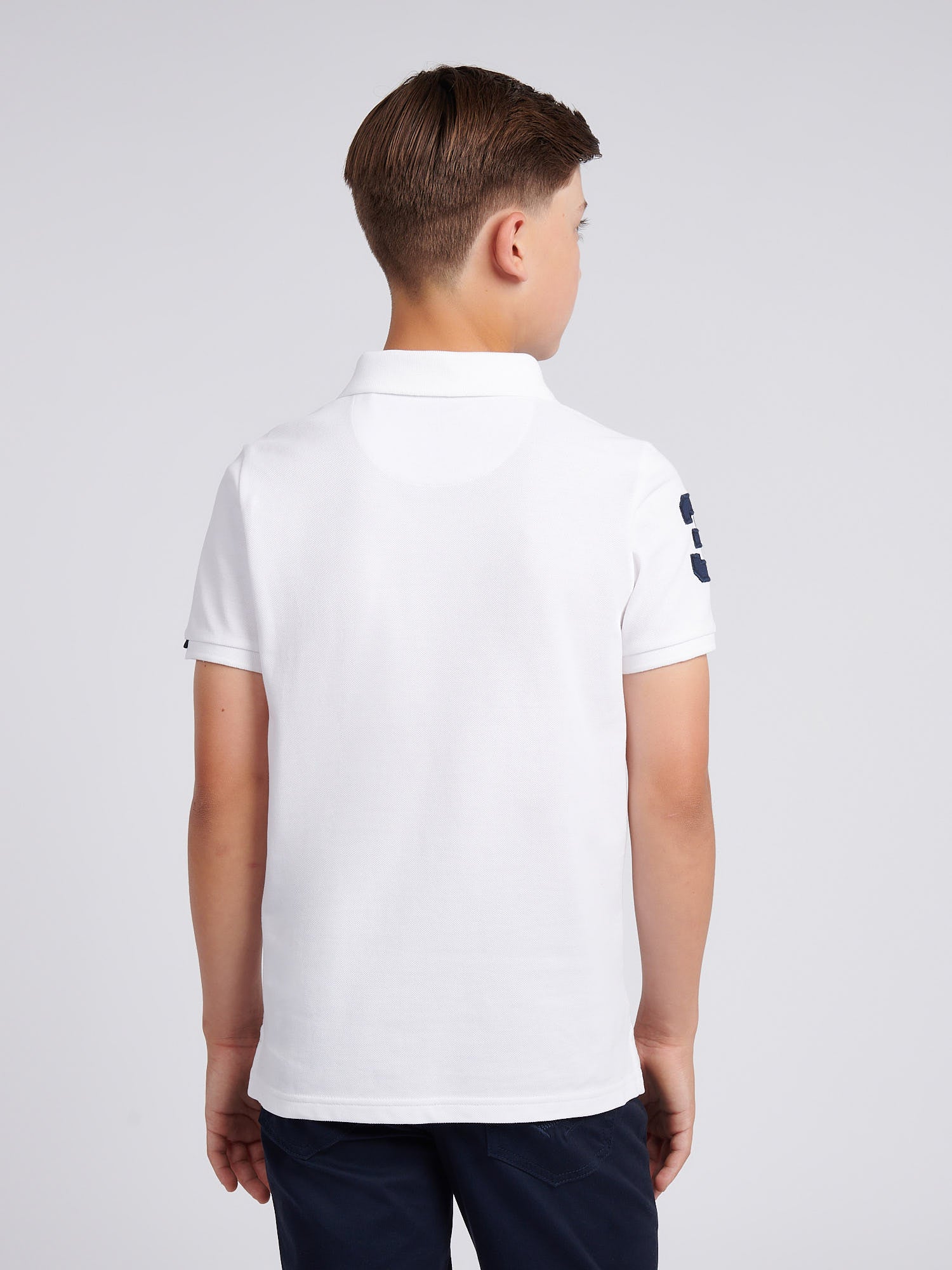 Boys Player 3 Polo Shirt White / Dark Sapphire Navy DHM - Image 4