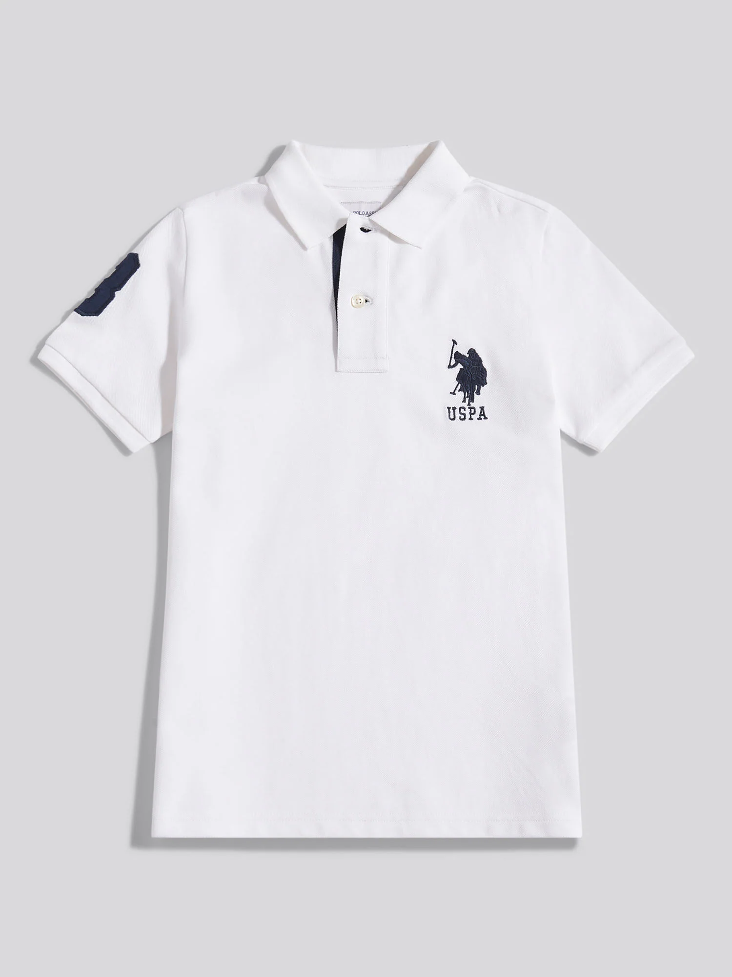 Boys Player 3 Polo Shirt White / Dark Sapphire Navy DHM - Image 5