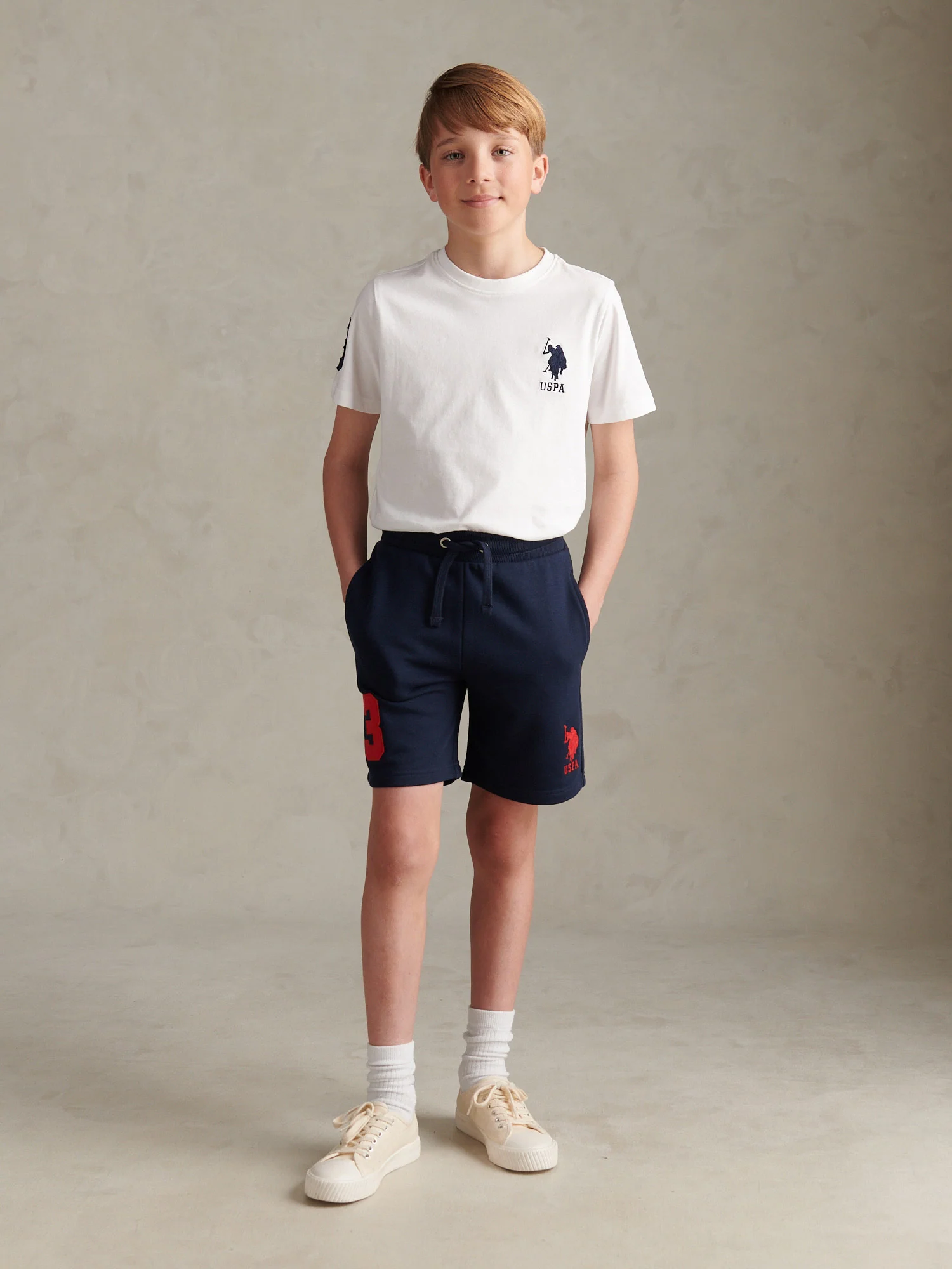 Boys Player 3 Sweat Shorts Dark Sapphire Navy / Haute Red DHM - Image 3