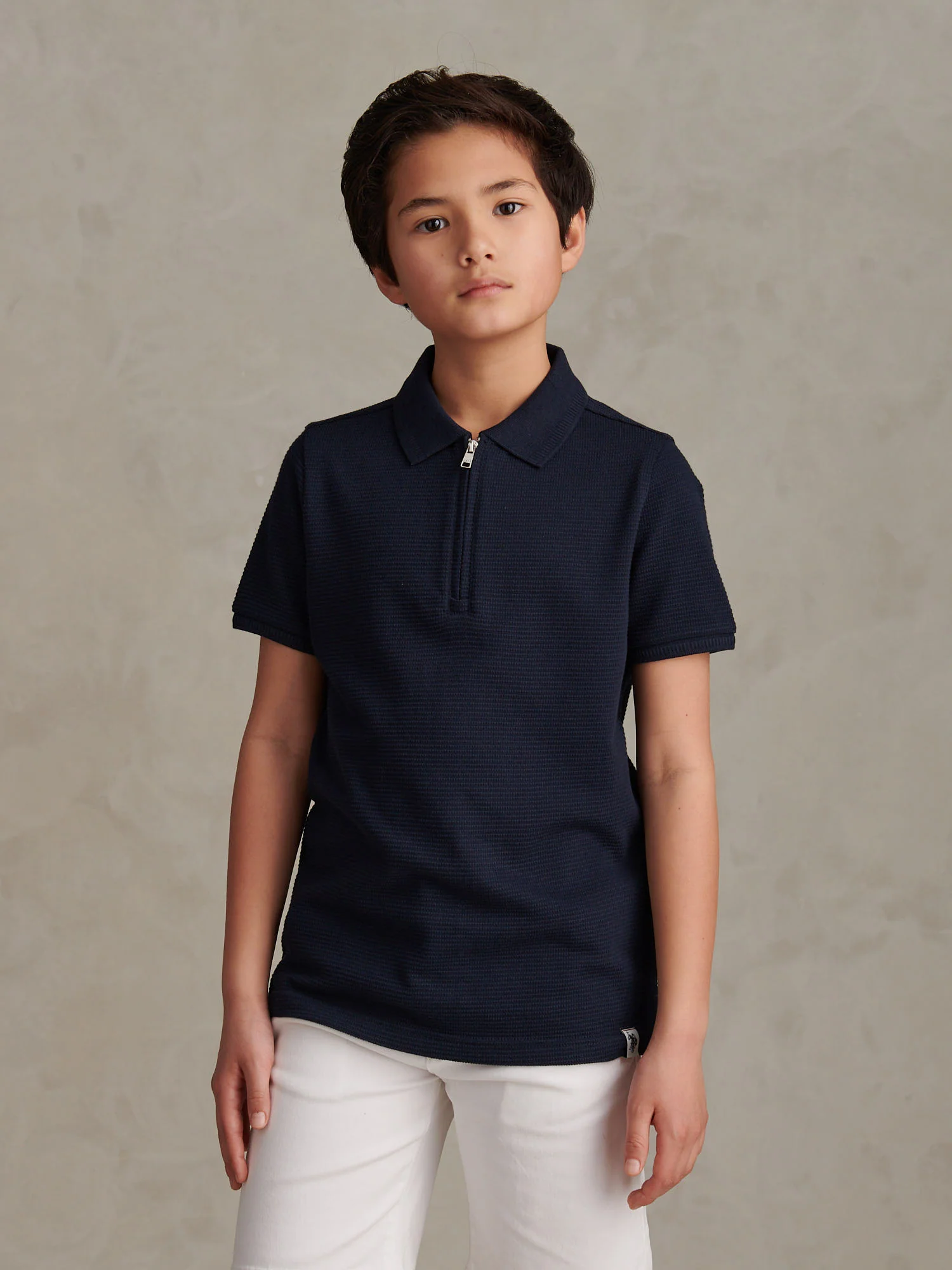 Boys Popcorn Texture Zip Polo Shirt Dark Sapphire Navy