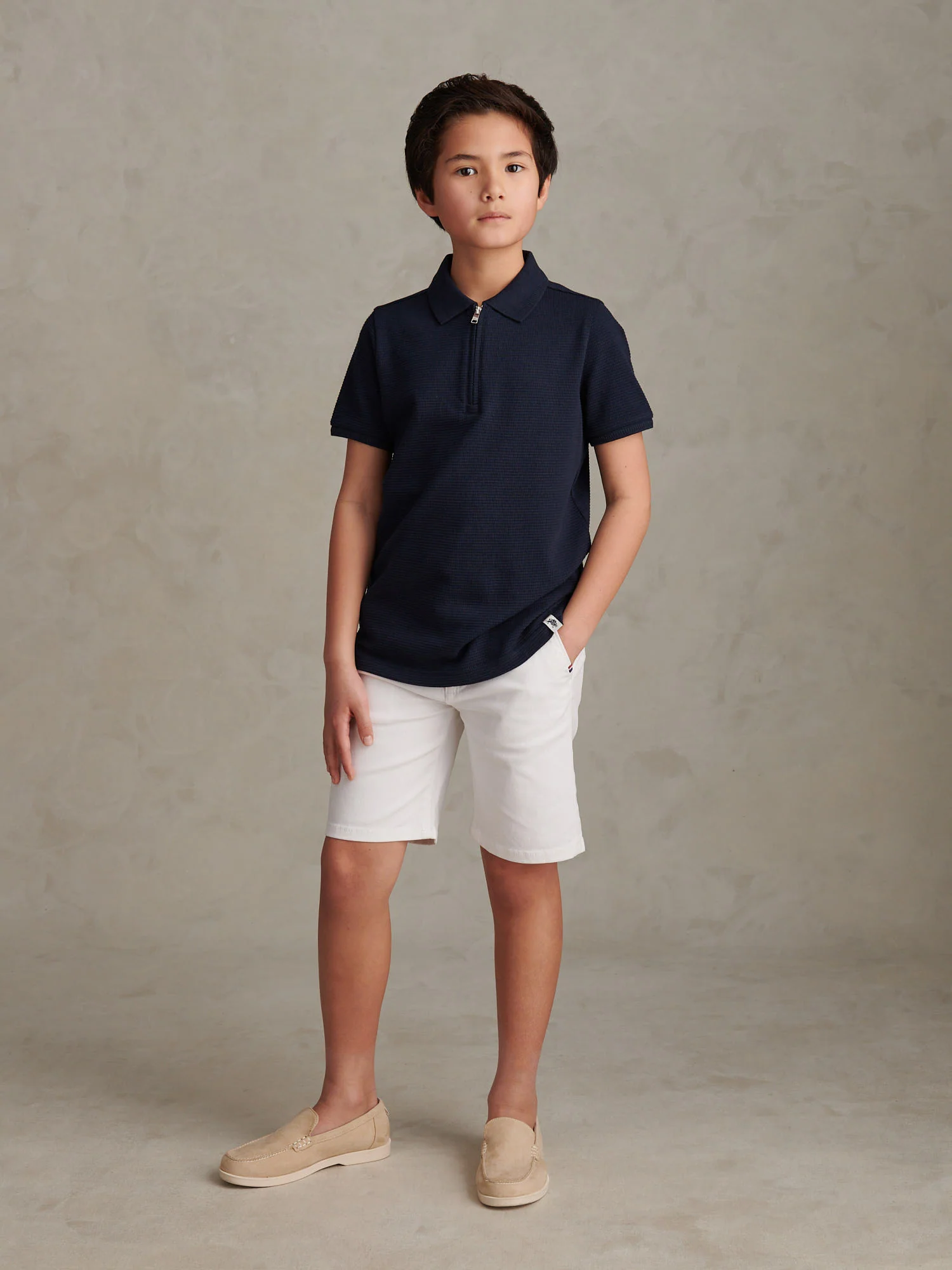 Boys Popcorn Texture Zip Polo Shirt Dark Sapphire Navy - Image 3