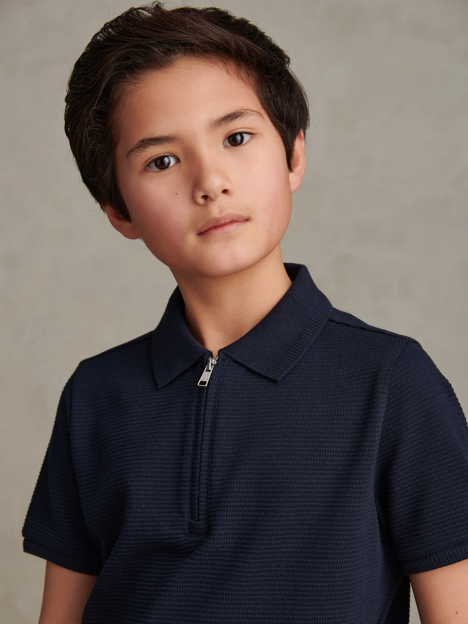 Boys Popcorn Texture Zip Polo Shirt Dark Sapphire Navy - Image 5