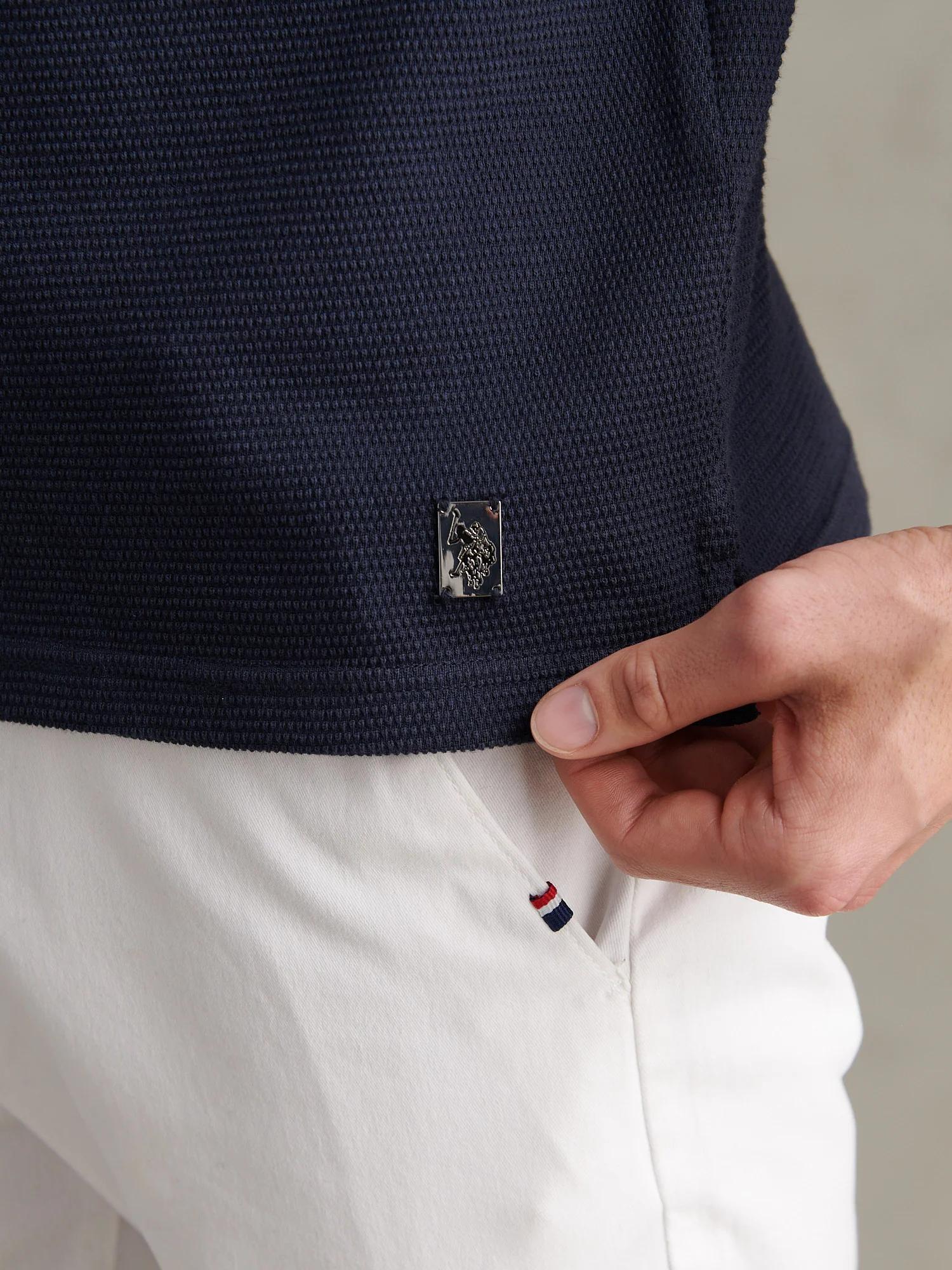 Mens Popcorn Texture Zip Polo Shirt Dark Sapphire Navy - Image 2