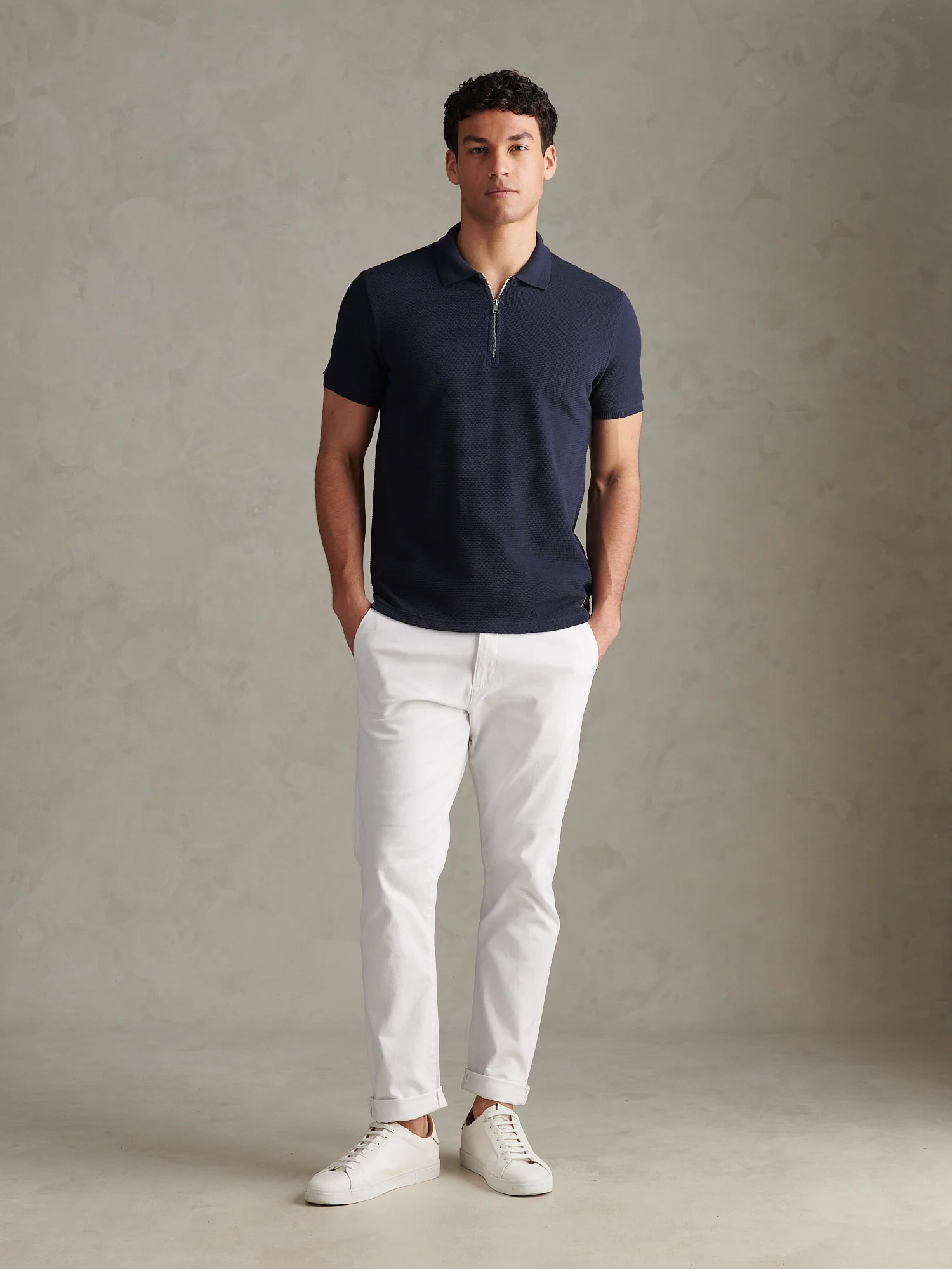Mens Popcorn Texture Zip Polo Shirt Dark Sapphire Navy - Image 3