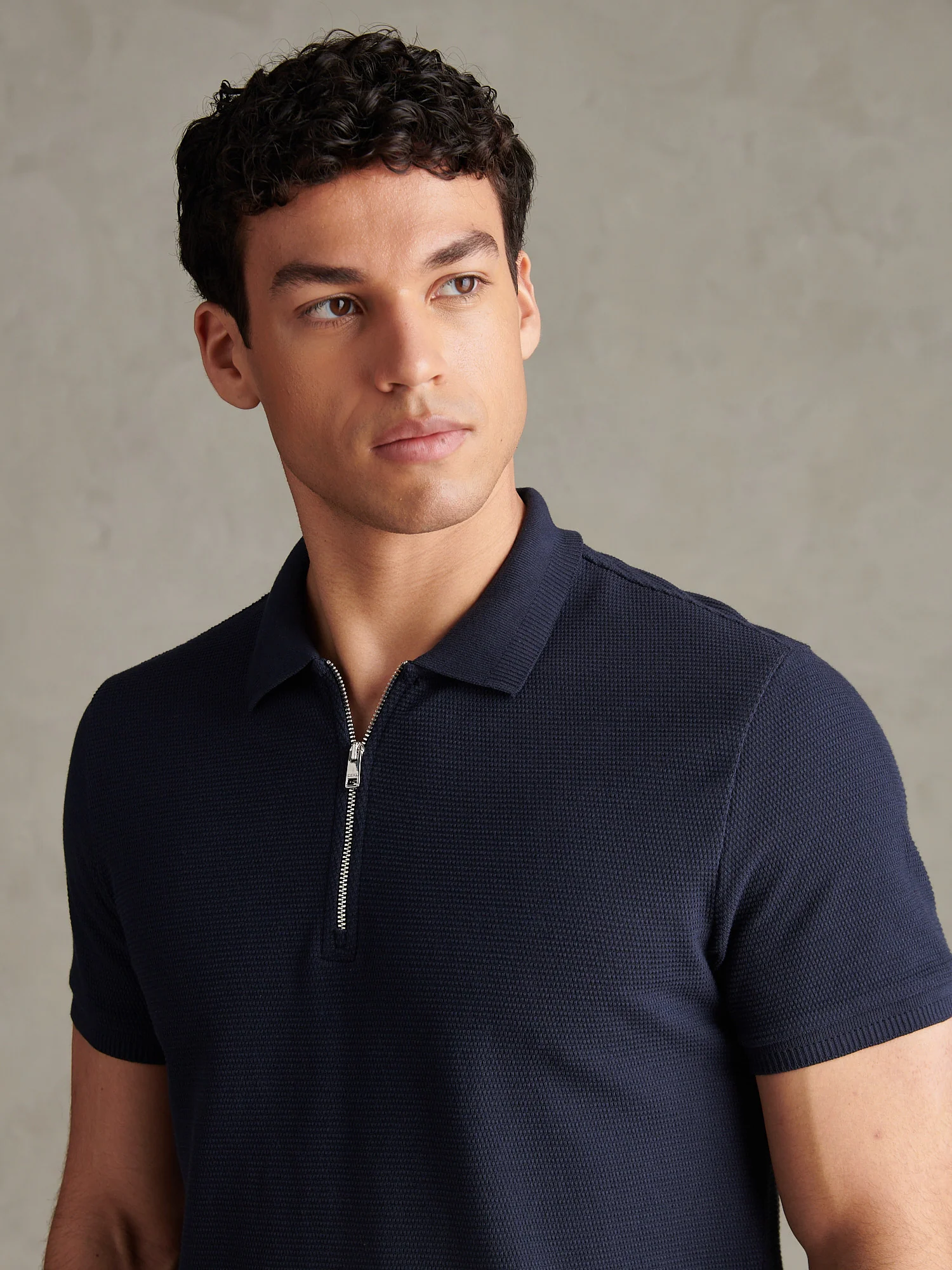Mens Popcorn Texture Zip Polo Shirt Dark Sapphire Navy - Image 5