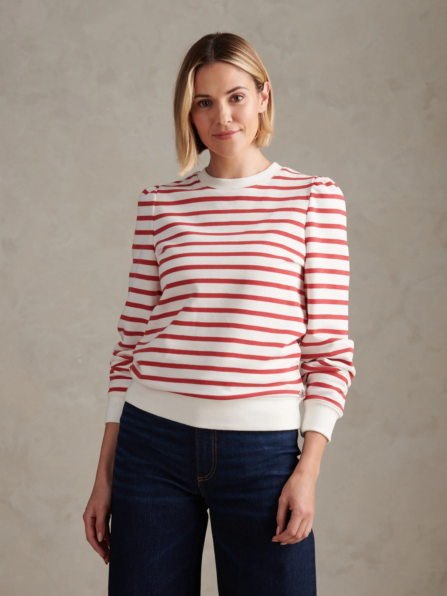 Womens Puff Sleeve Stripe Sweatshirt Mineral Red